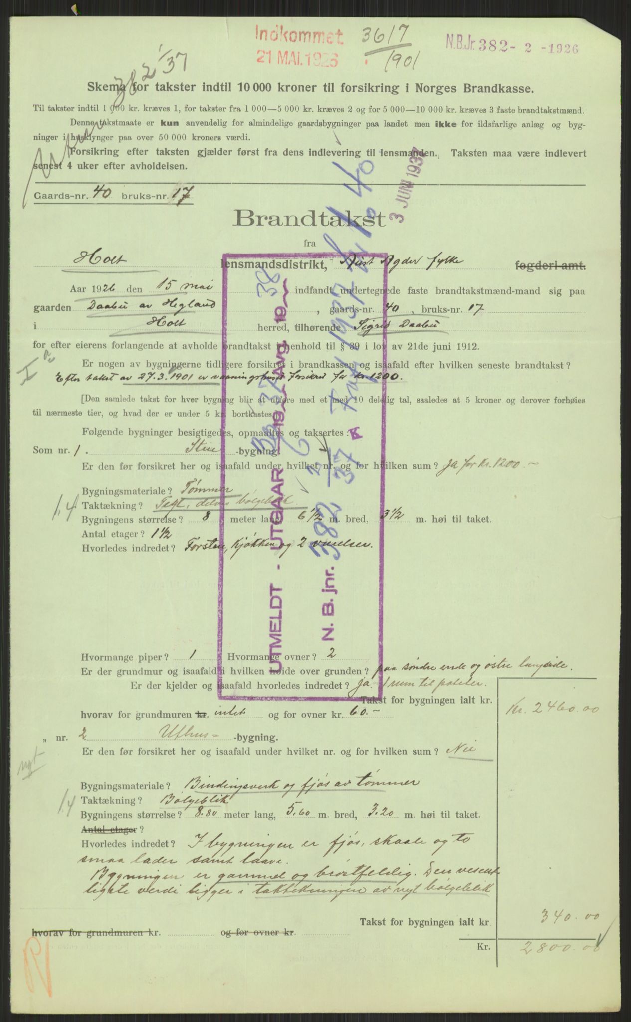 Norges Brannkasse, AV/RA-S-1549/E/Ei/L0072: Holt, 1850-1950, s. 1009