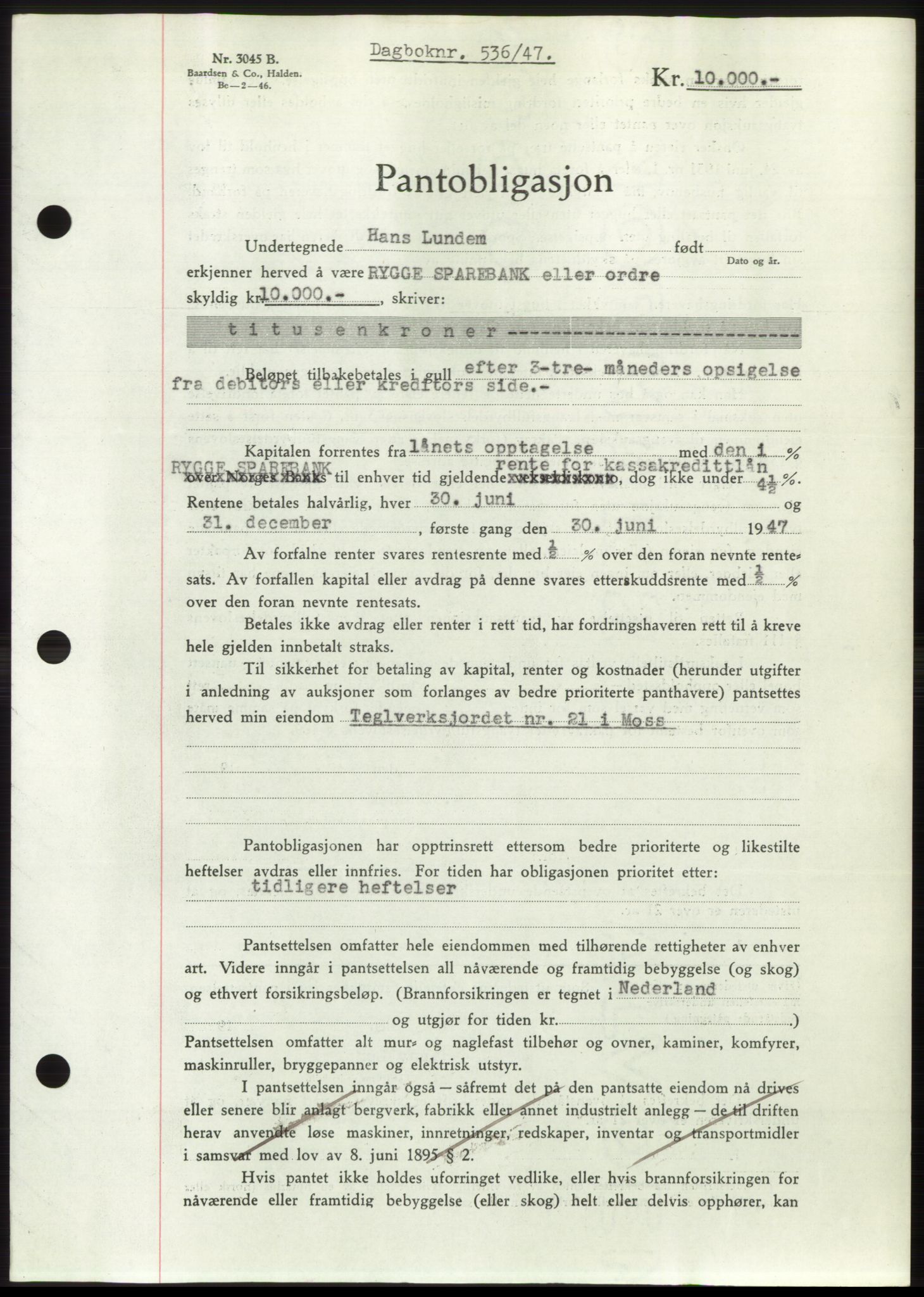 Moss sorenskriveri, SAO/A-10168: Pantebok nr. B16, 1946-1947, Dagboknr: 536/1947