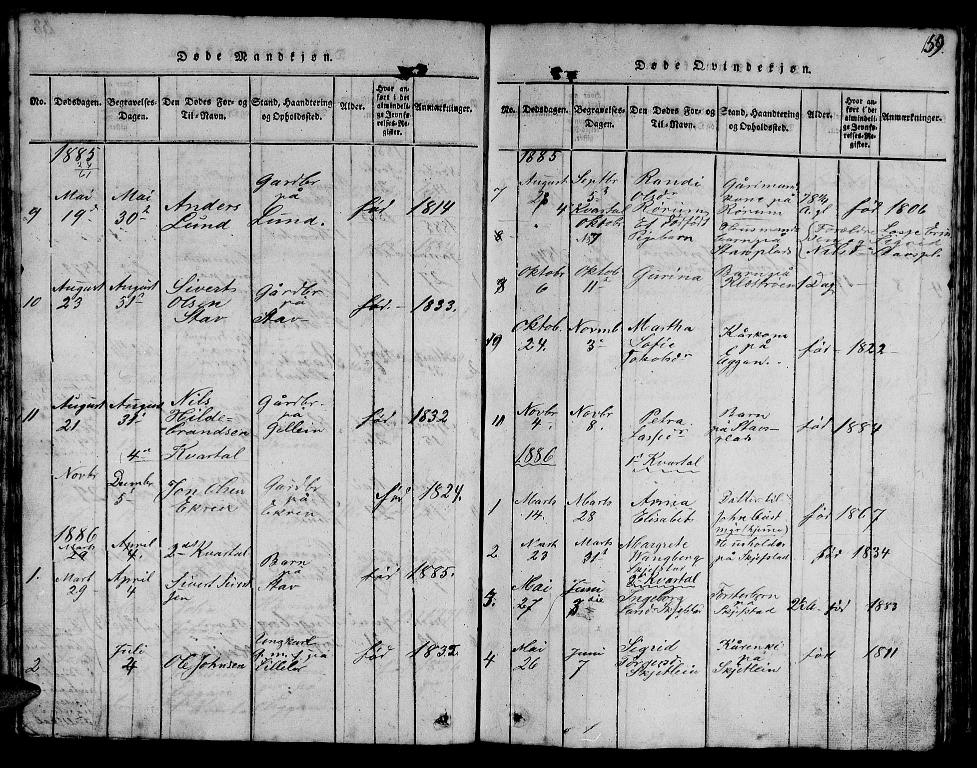 Ministerialprotokoller, klokkerbøker og fødselsregistre - Sør-Trøndelag, SAT/A-1456/613/L0393: Klokkerbok nr. 613C01, 1816-1886, s. 159