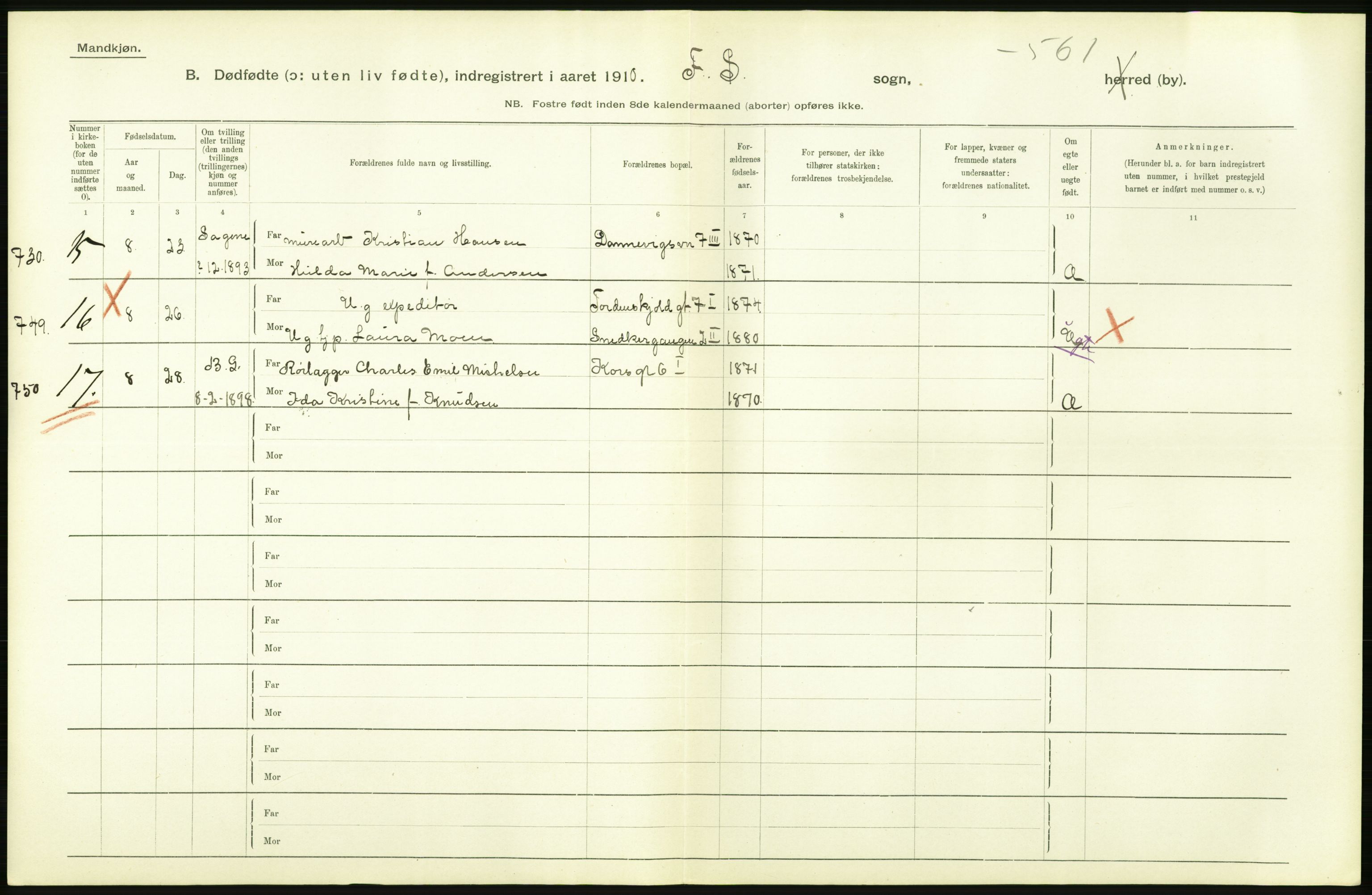 Statistisk sentralbyrå, Sosiodemografiske emner, Befolkning, AV/RA-S-2228/D/Df/Dfa/Dfah/L0009: Kristiania: Gifte og dødfødte., 1910, s. 734