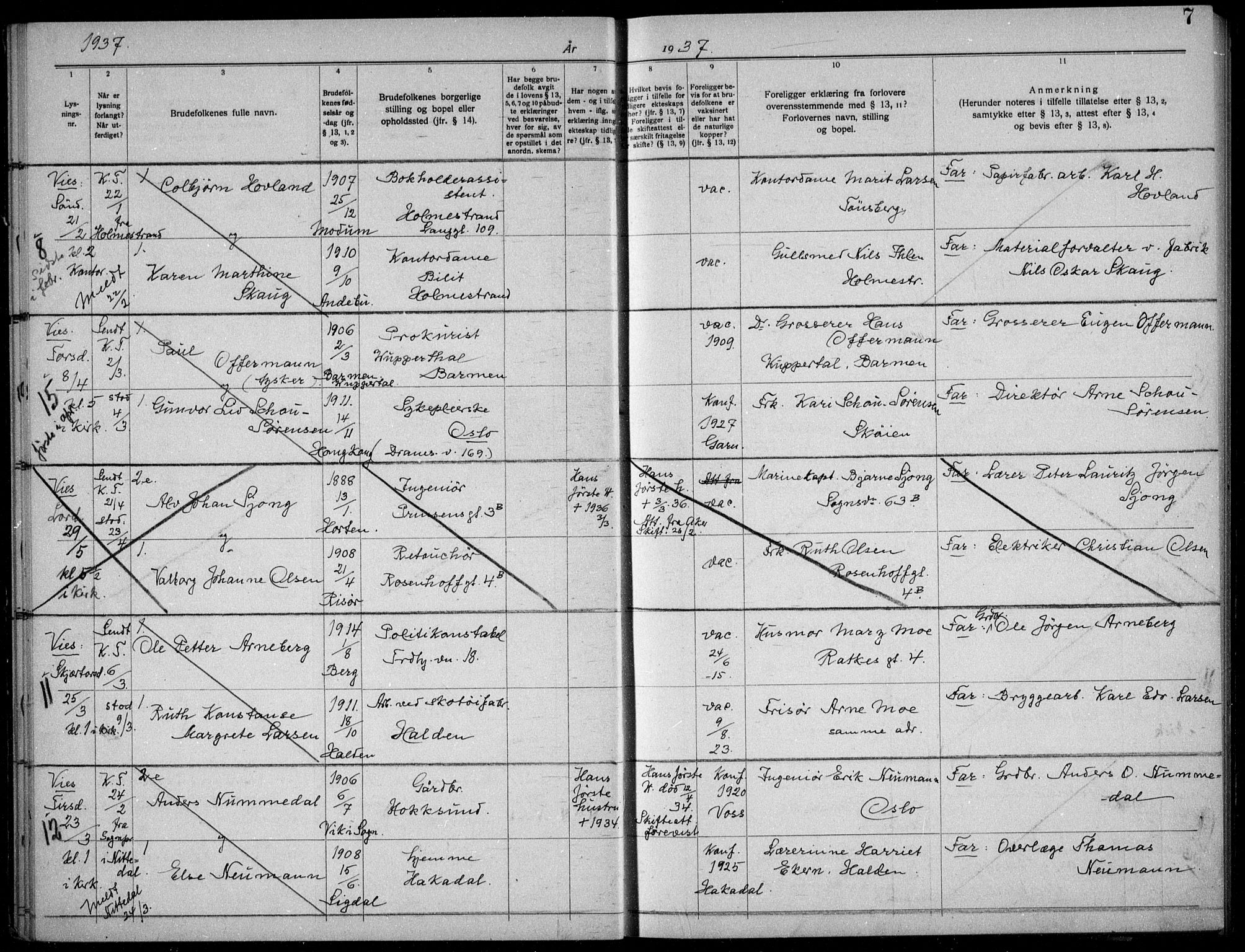 Garnisonsmenigheten Kirkebøker, AV/SAO-A-10846/H/Ha/L0012: Lysningsprotokoll nr. I 12, 1936-1938, s. 7