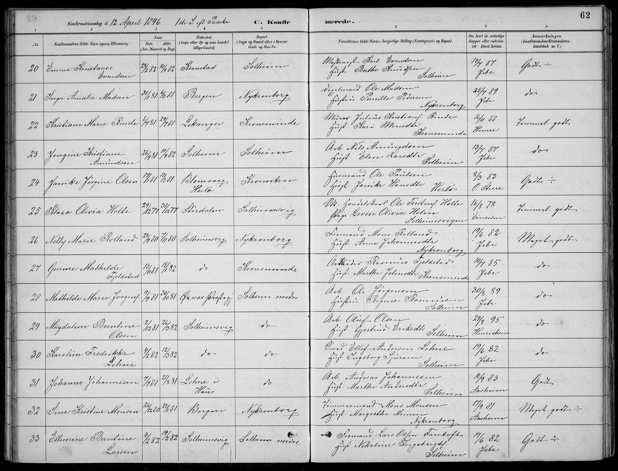 Årstad Sokneprestembete, AV/SAB-A-79301/H/Hab/L0011: Klokkerbok nr. B 1, 1886-1901, s. 62