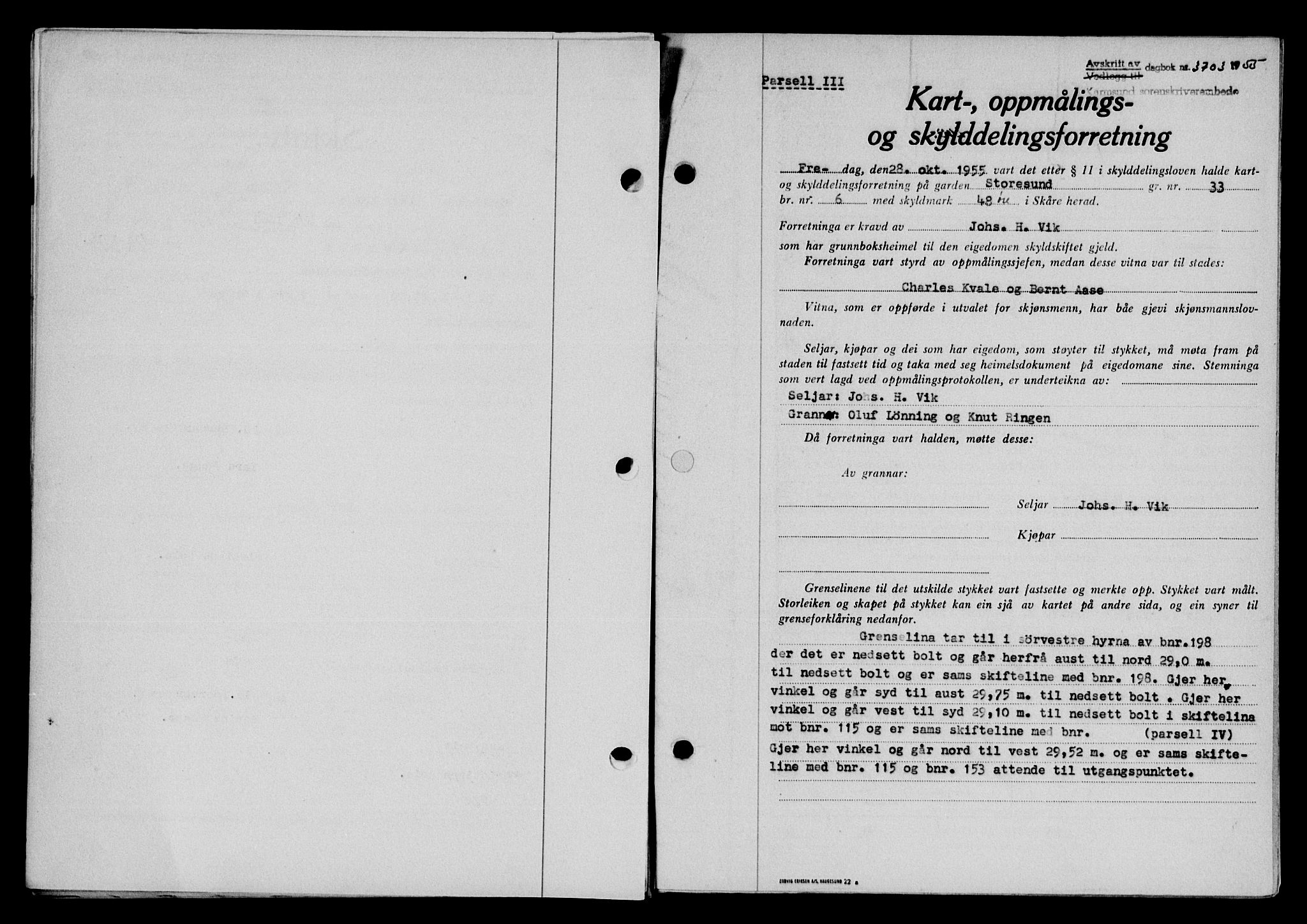 Karmsund sorenskriveri, SAST/A-100311/01/II/IIB/L0117: Pantebok nr. 97Aa, 1955-1955, Dagboknr: 3703/1955