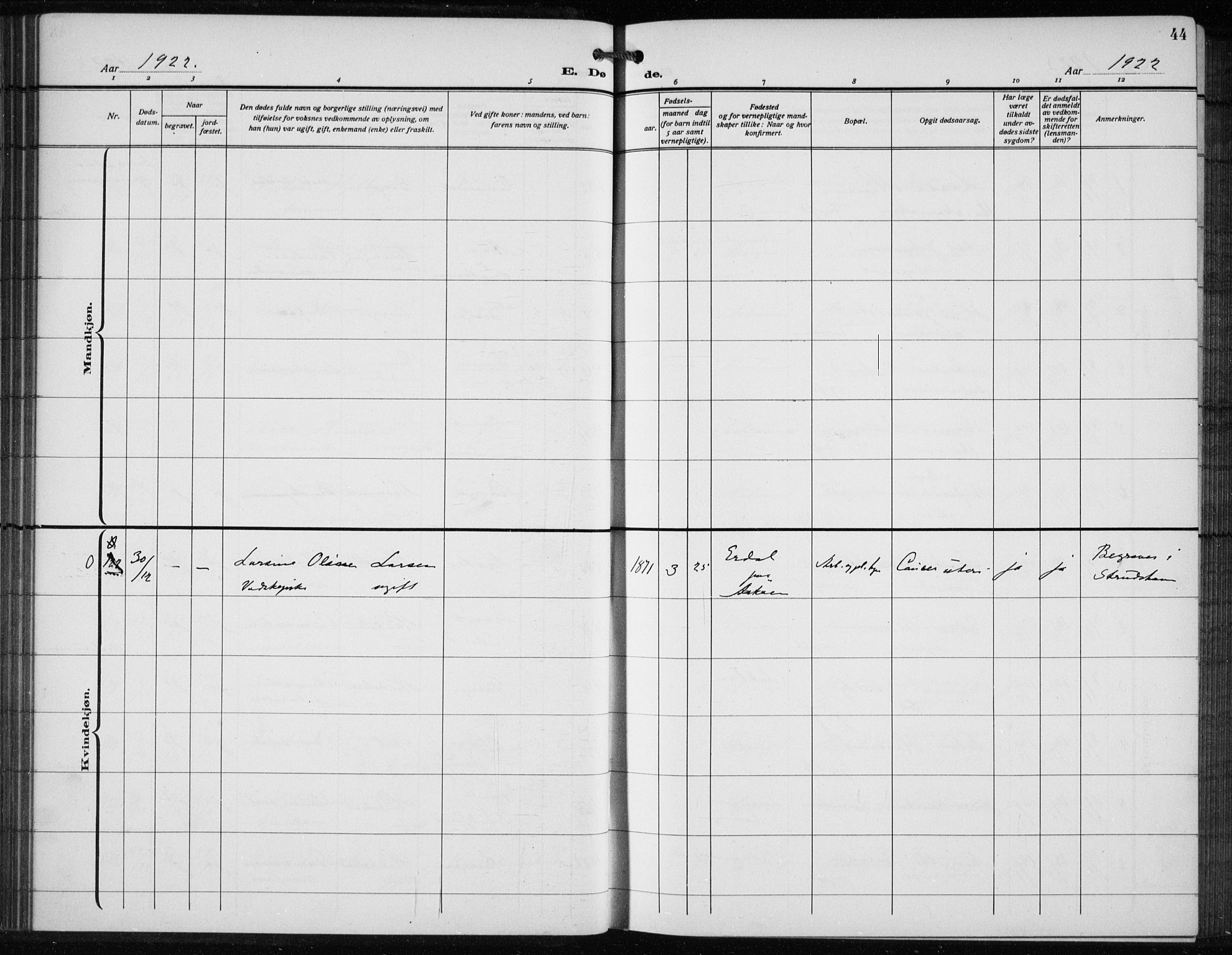 Bergen kommunale pleiehjem - stiftelsespresten, AV/SAB-A-100281: Ministerialbok nr. A 7, 1921-1932, s. 44