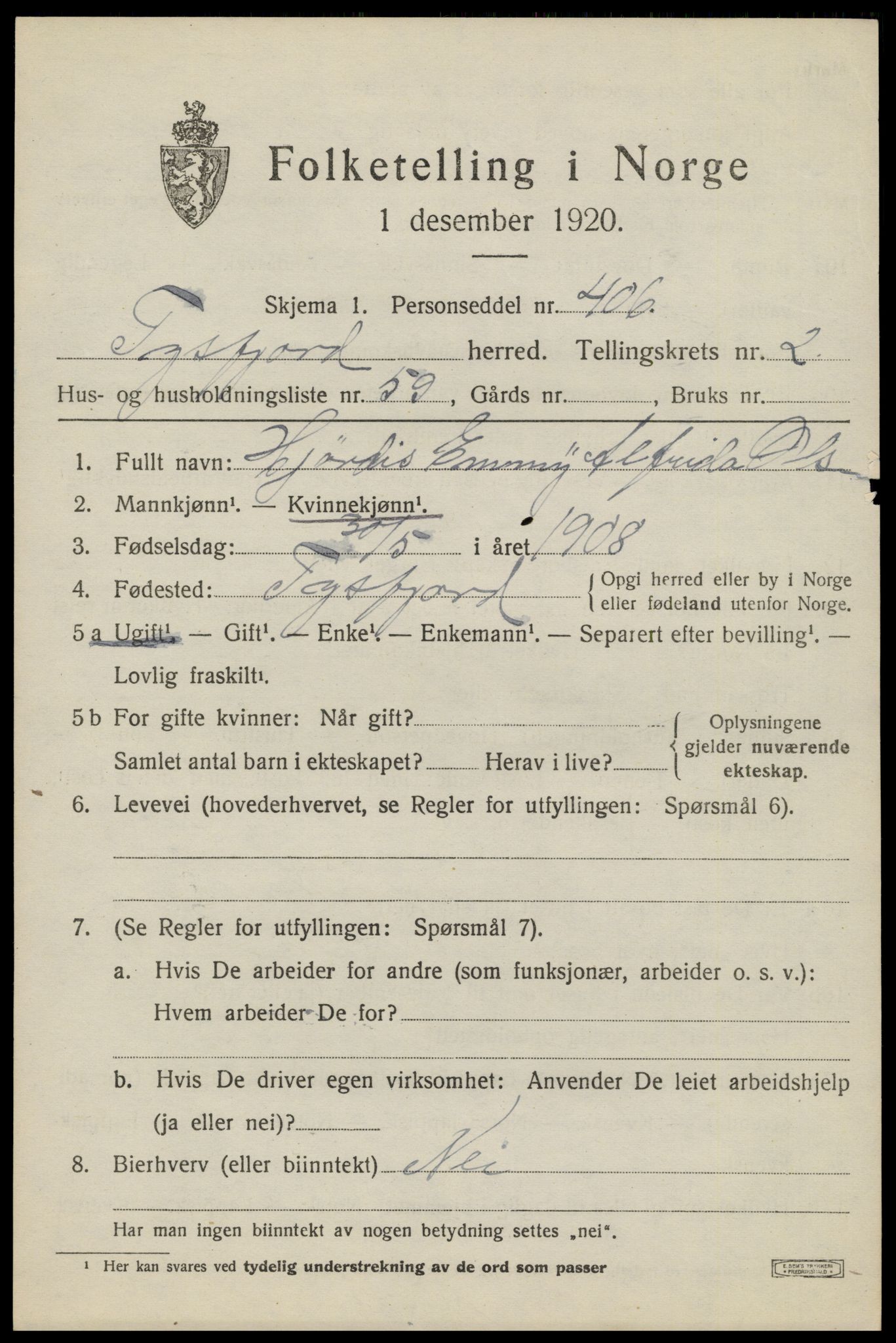 SAT, Folketelling 1920 for 1850 Tysfjord herred, 1920, s. 2043