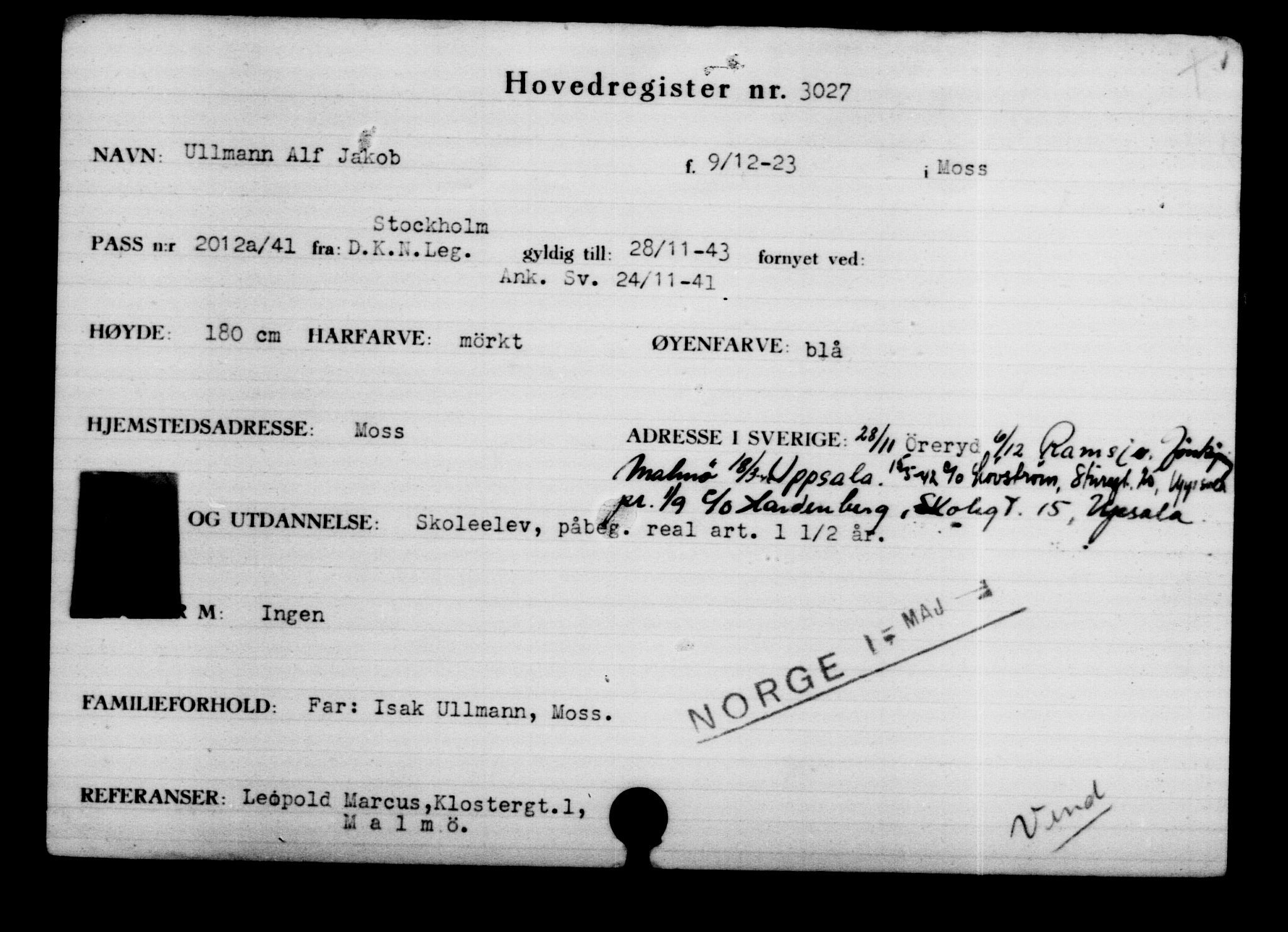 Utenriksstasjonene, Legasjonen i Stockholm, Flyktningkontoret, AV/RA-S-6753/V/Va/L0003: Kjesäterkartoteket, flyktninger med registreringsnr. 2001-3495, 1940-1945, s. 1450