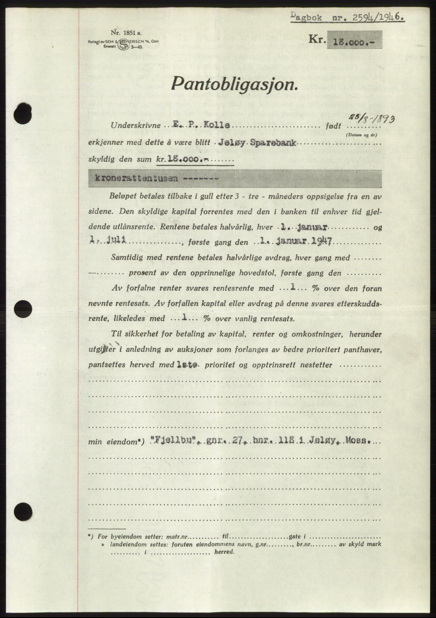 Moss sorenskriveri, SAO/A-10168: Pantebok nr. B16, 1946-1947, Dagboknr: 2594/1946