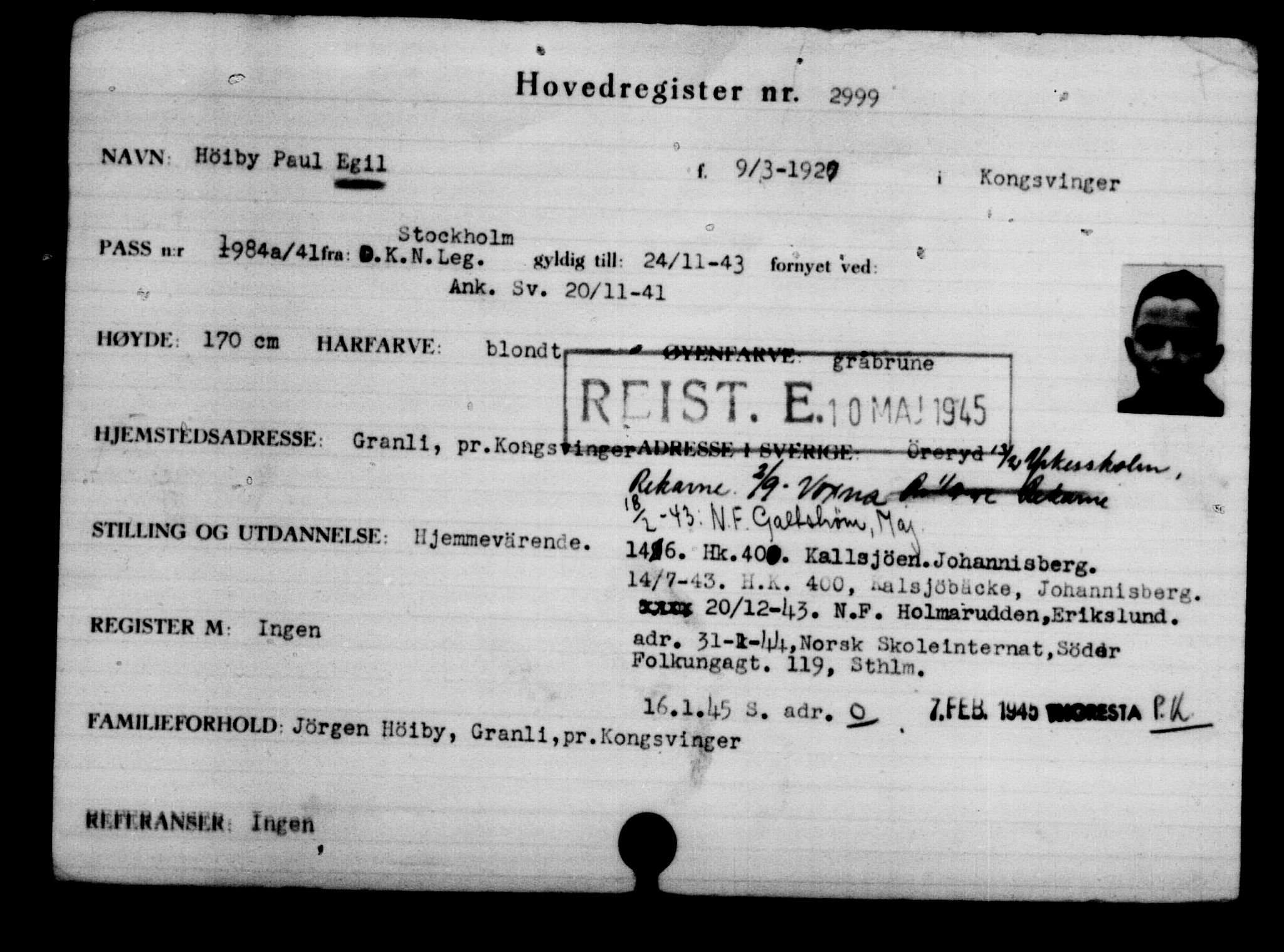 Utenriksstasjonene, Legasjonen i Stockholm, Flyktningkontoret, AV/RA-S-6753/V/Va/L0003: Kjesäterkartoteket, flyktninger med registreringsnr. 2001-3495, 1940-1945, s. 1417