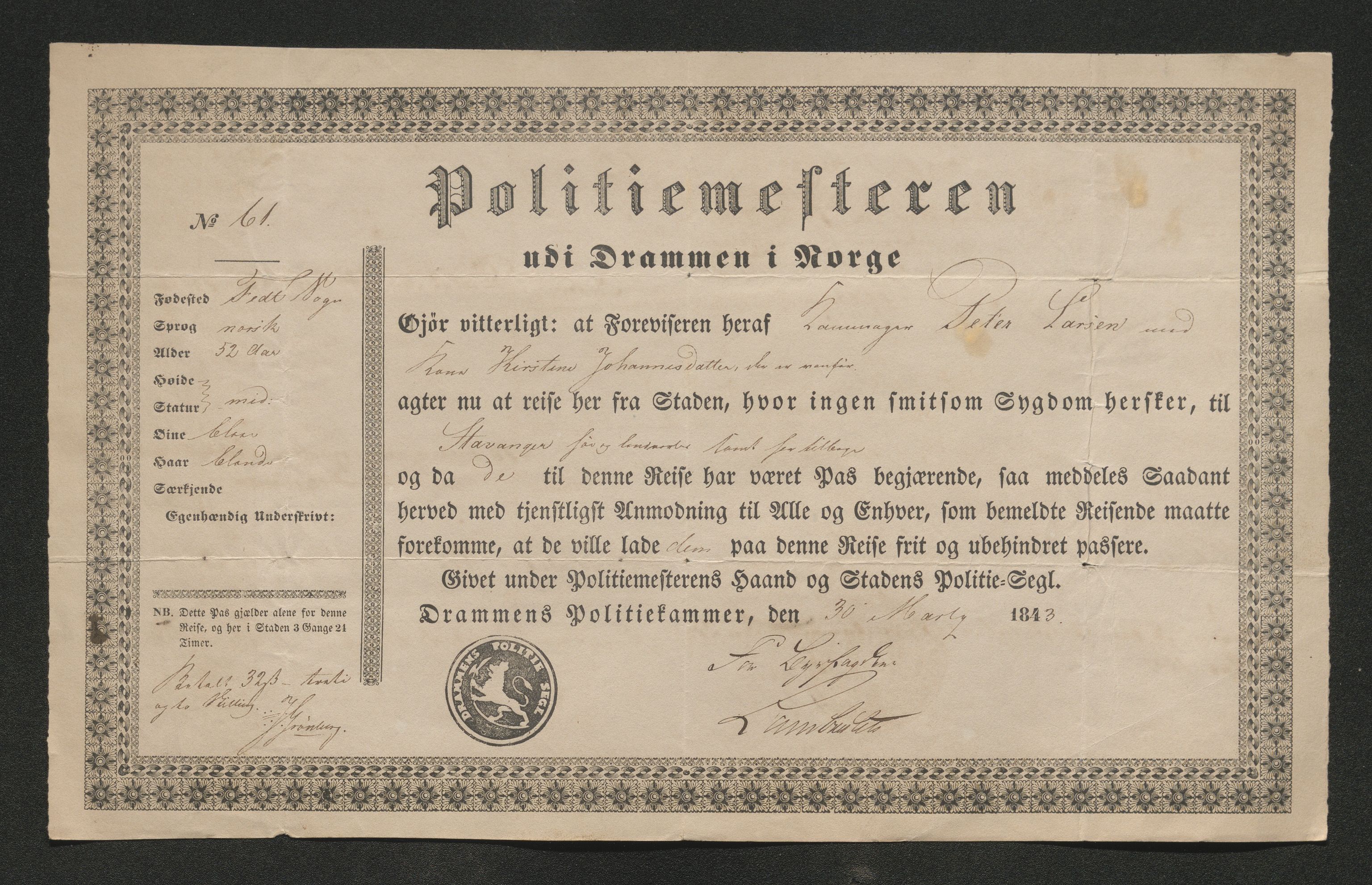 Drammen politikammer, SAKO/A-623/I/Ia/Iab/L0007: Innleverte pass, 1843-1844, s. 233