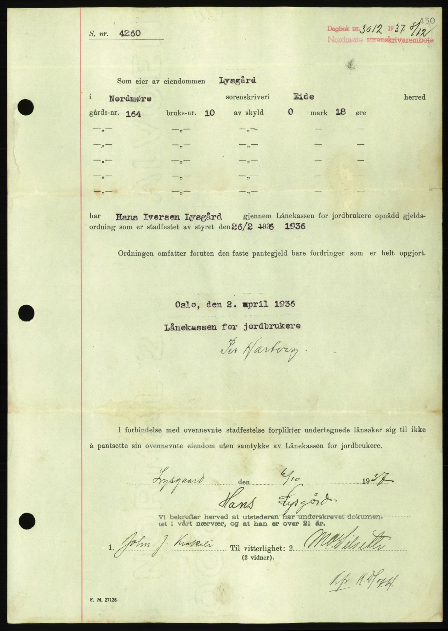 Nordmøre sorenskriveri, AV/SAT-A-4132/1/2/2Ca/L0092: Pantebok nr. B82, 1937-1938, Dagboknr: 3012/1937