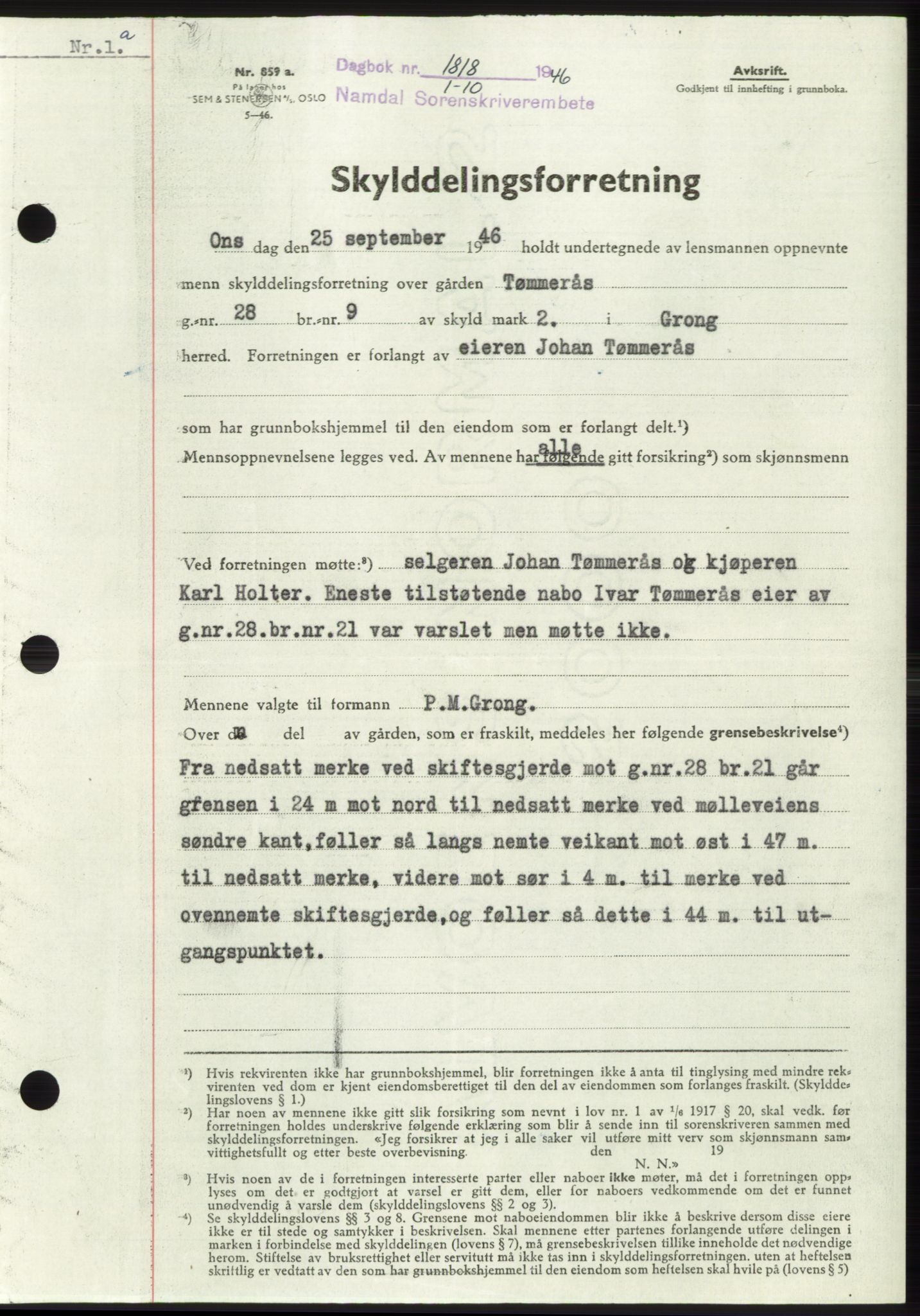 Namdal sorenskriveri, SAT/A-4133/1/2/2C: Pantebok nr. -, 1946-1947, Dagboknr: 1818/1946
