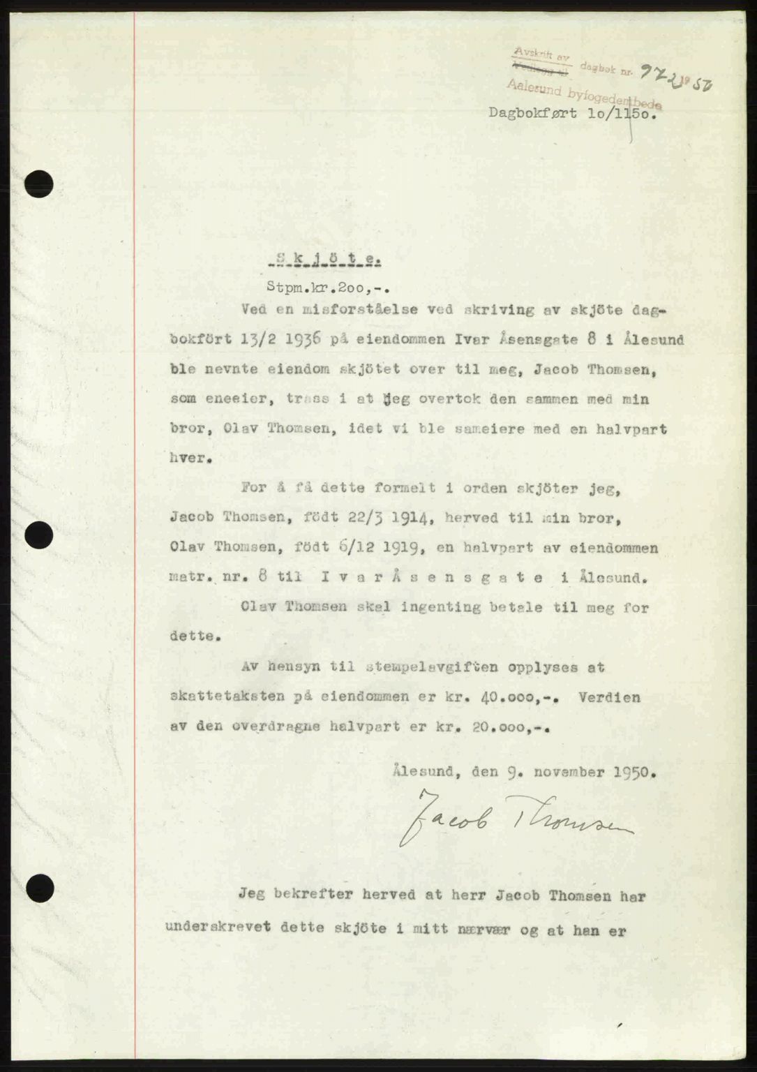 Ålesund byfogd, AV/SAT-A-4384: Pantebok nr. 37A (2), 1949-1950, Dagboknr: 972/1950