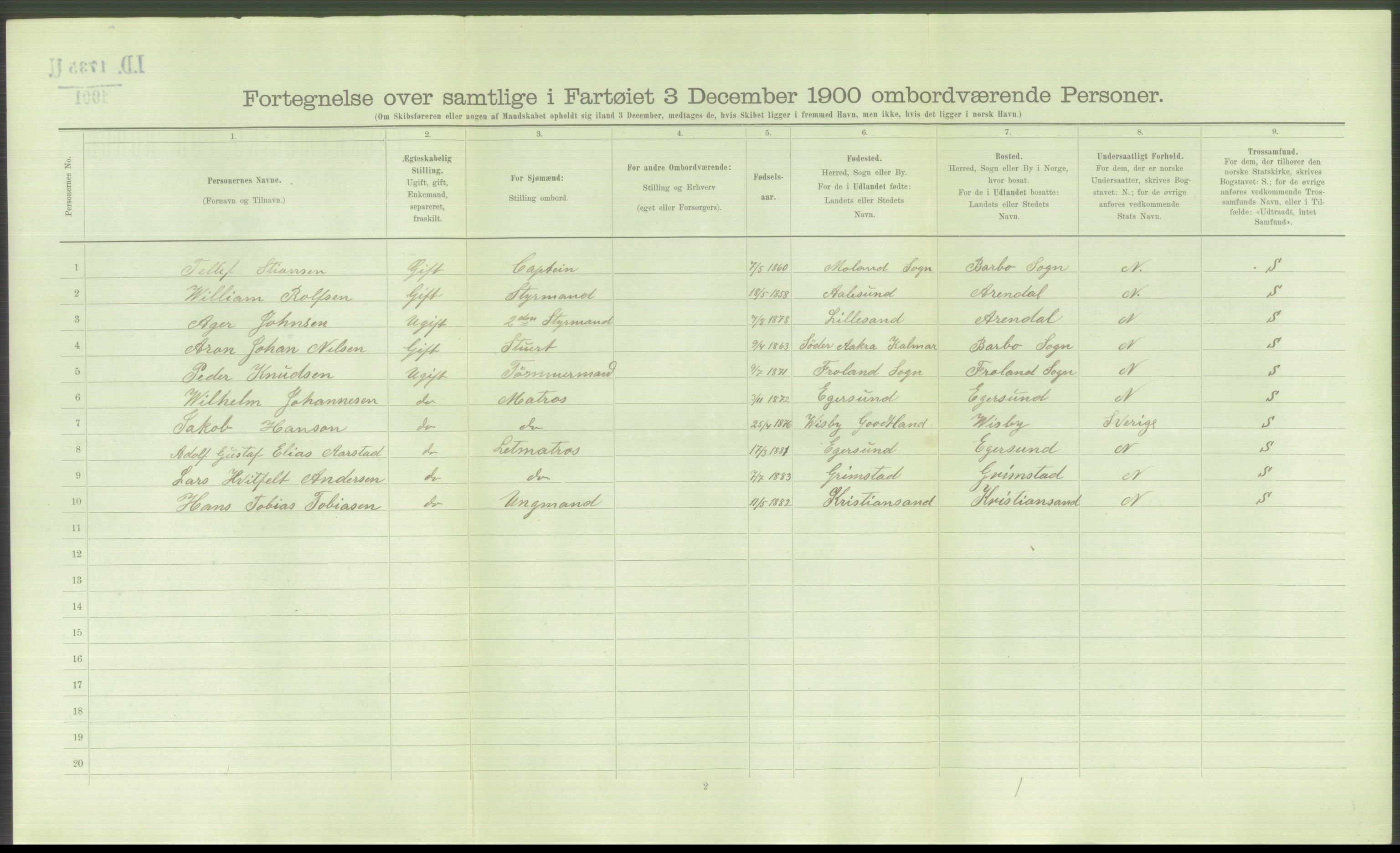 RA, Folketelling 1900 - skipslister med personlister for skip i norske havner, utenlandske havner og til havs, 1900, s. 5512