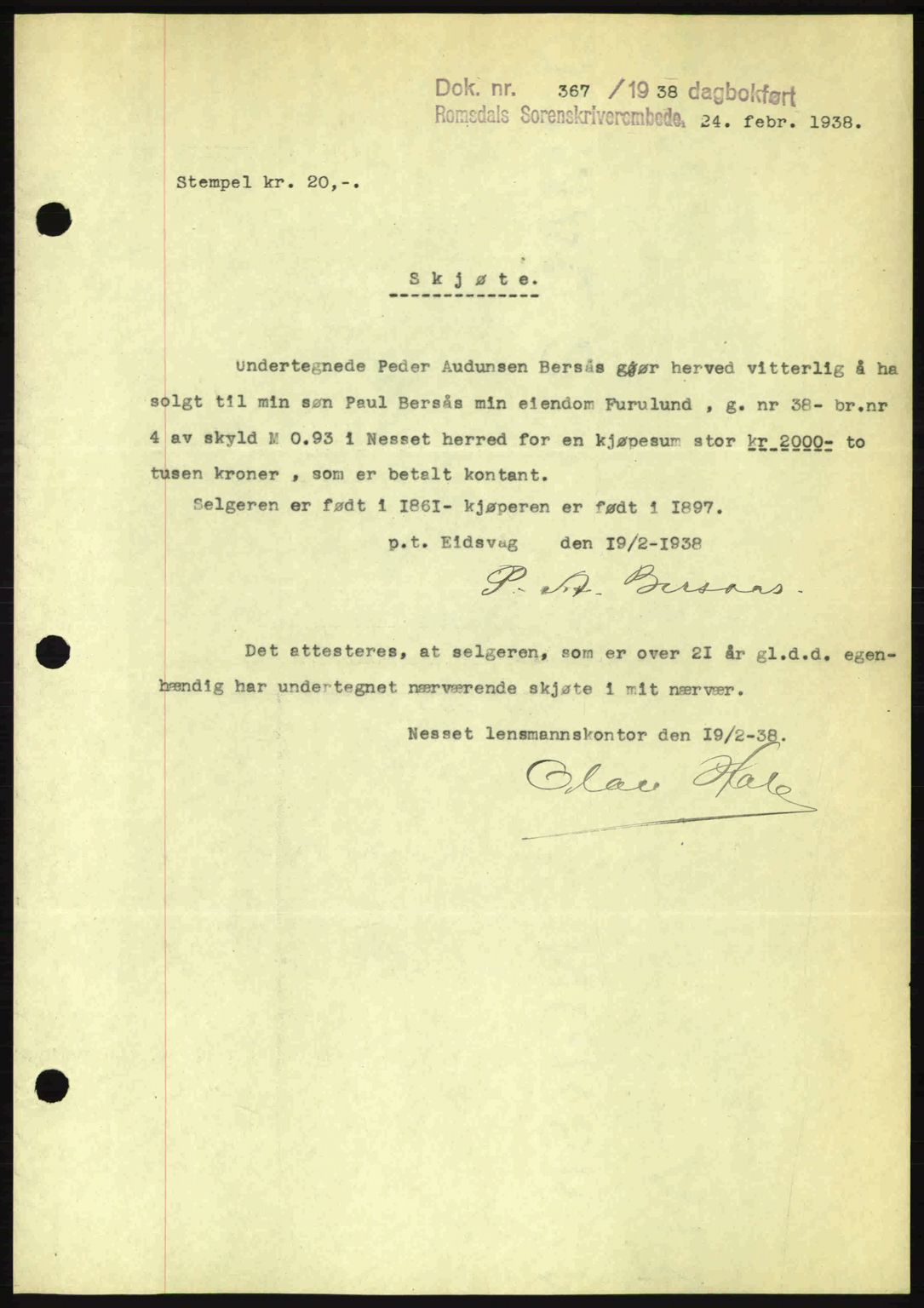 Romsdal sorenskriveri, SAT/A-4149/1/2/2C: Pantebok nr. A4, 1937-1938, Dagboknr: 367/1938