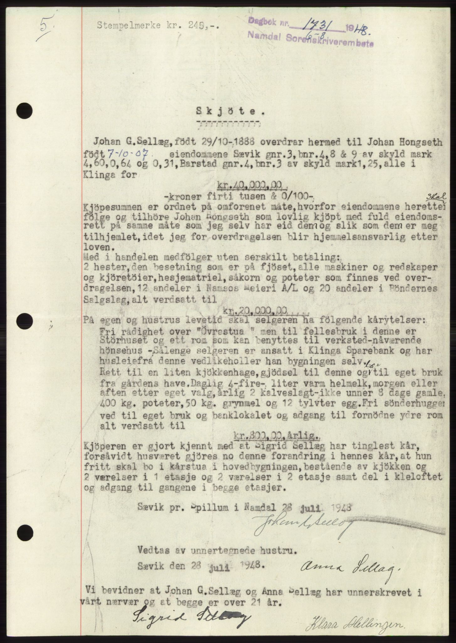 Namdal sorenskriveri, SAT/A-4133/1/2/2C: Pantebok nr. -, 1948-1948, Dagboknr: 1731/1948