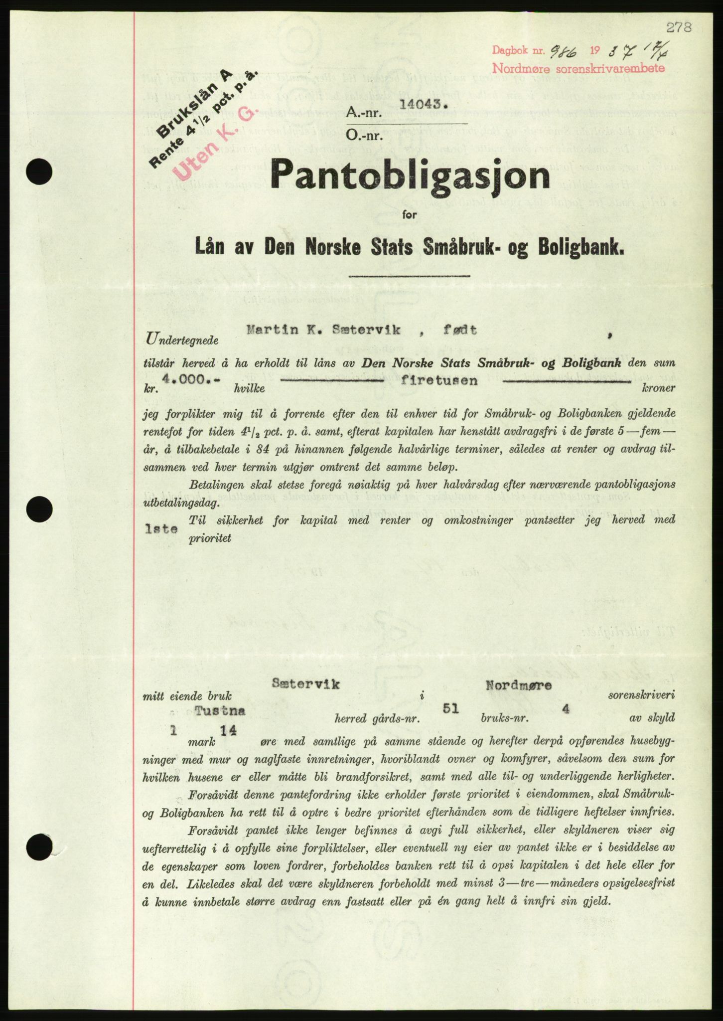 Nordmøre sorenskriveri, AV/SAT-A-4132/1/2/2Ca/L0091: Pantebok nr. B81, 1937-1937, Dagboknr: 986/1937