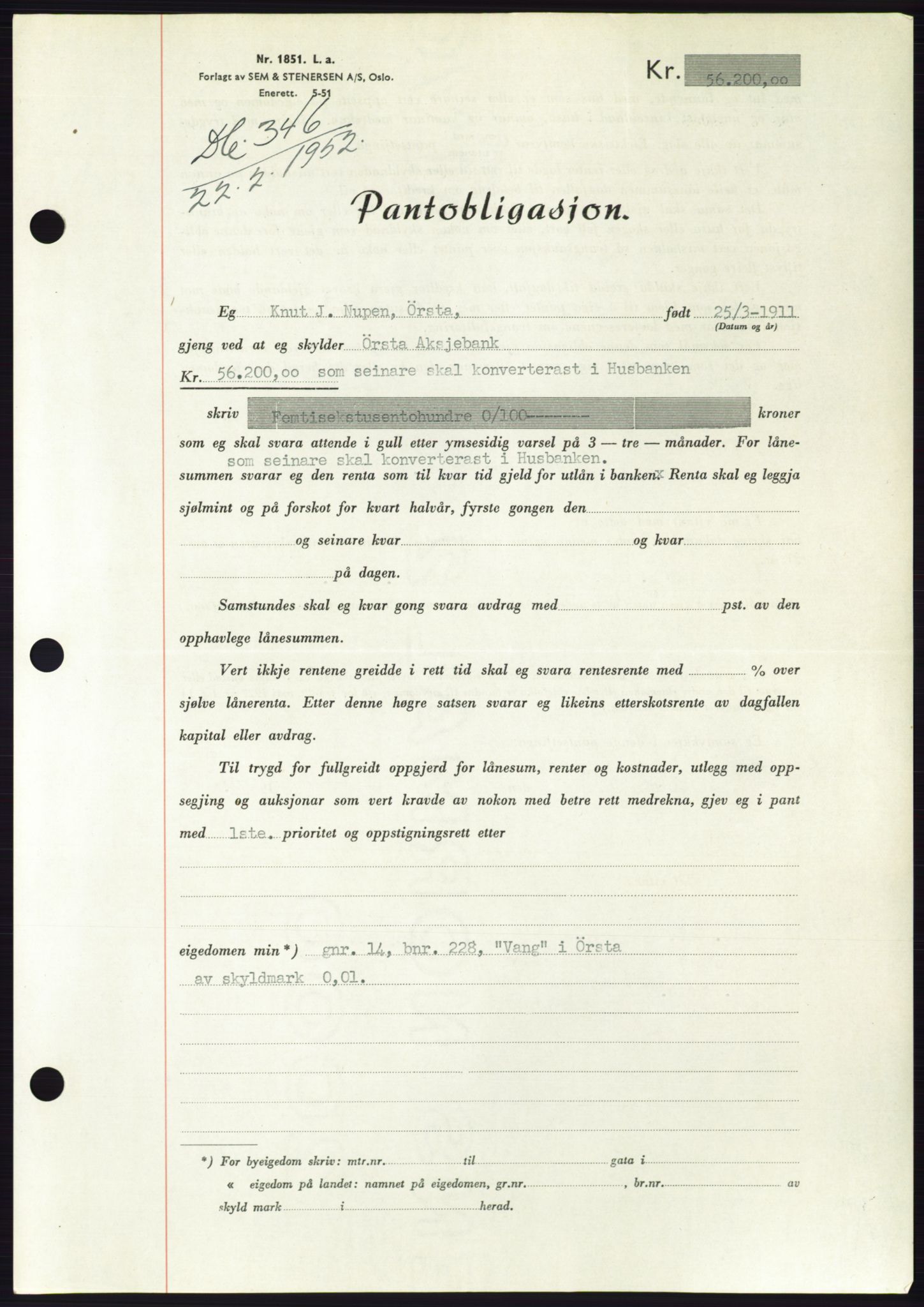 Søre Sunnmøre sorenskriveri, AV/SAT-A-4122/1/2/2C/L0121: Pantebok nr. 9B, 1951-1952, Dagboknr: 346/1952