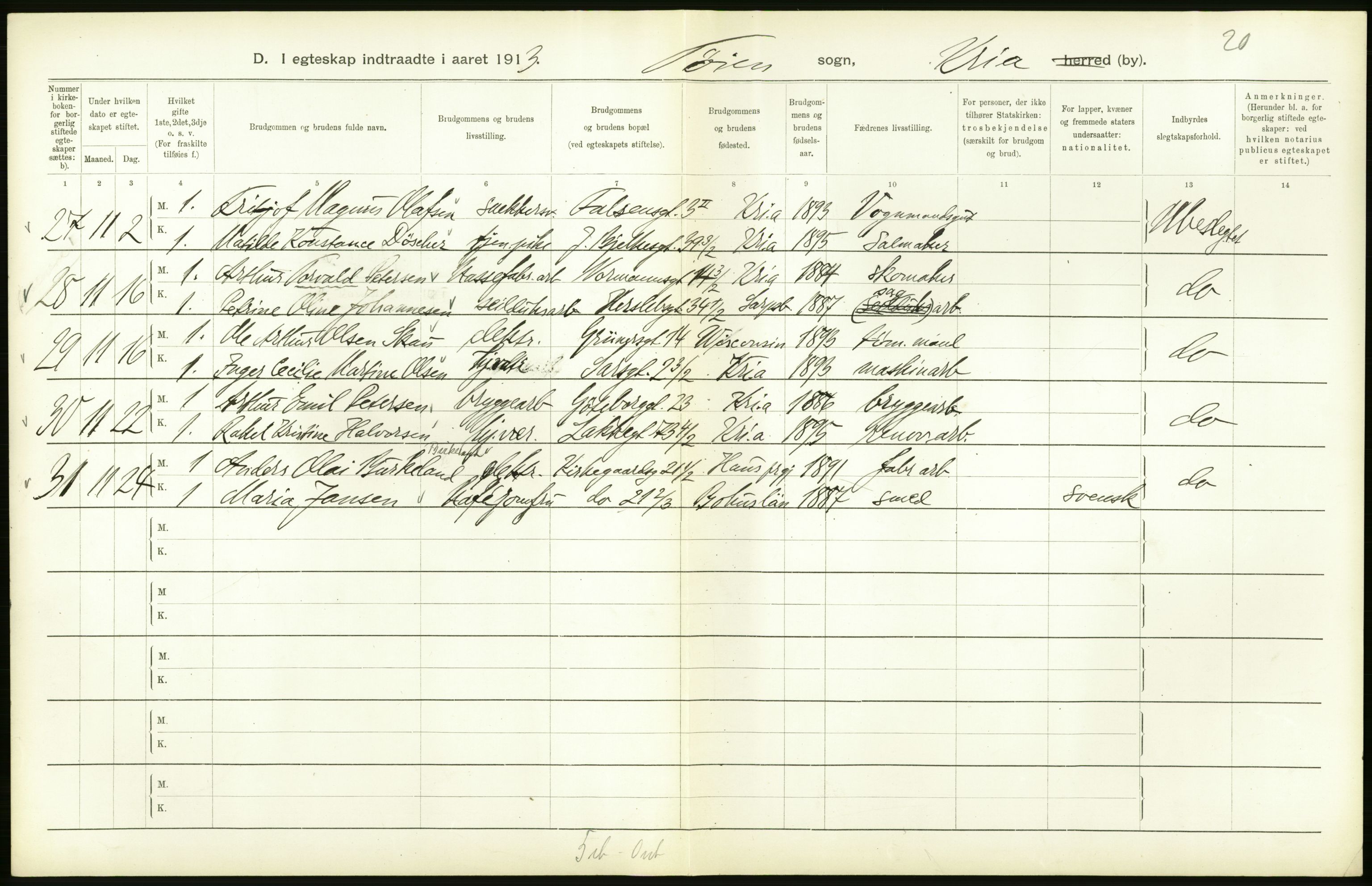 Statistisk sentralbyrå, Sosiodemografiske emner, Befolkning, RA/S-2228/D/Df/Dfb/Dfbc/L0008: Kristiania: Gifte., 1913, s. 138