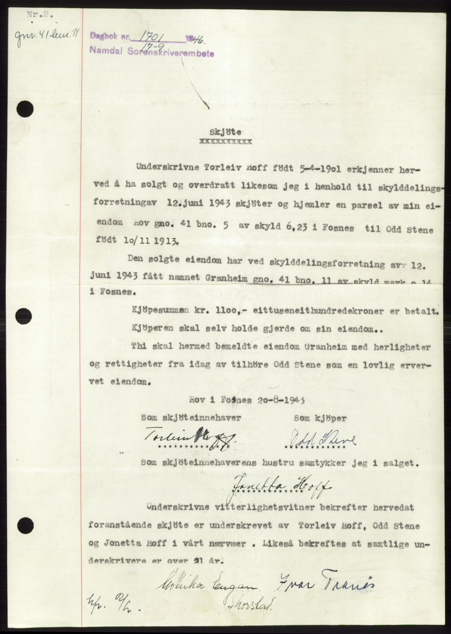Namdal sorenskriveri, SAT/A-4133/1/2/2C: Pantebok nr. -, 1946-1947, Dagboknr: 1701/1946