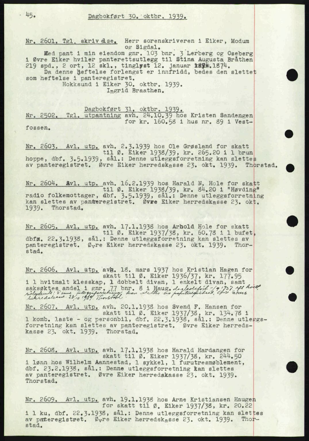 Eiker, Modum og Sigdal sorenskriveri, SAKO/A-123/G/Ga/Gab/L0041: Pantebok nr. A11, 1939-1940, Dagboknr: 2601/1939