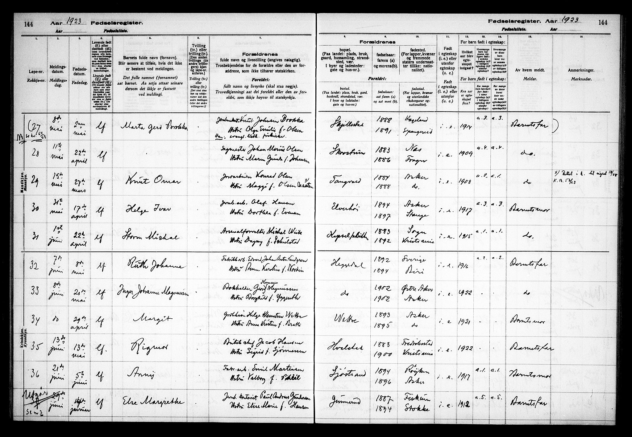 Asker prestekontor Kirkebøker, AV/SAO-A-10256a/J/L0001: Fødselsregister nr. 1, 1916-1925, s. 144