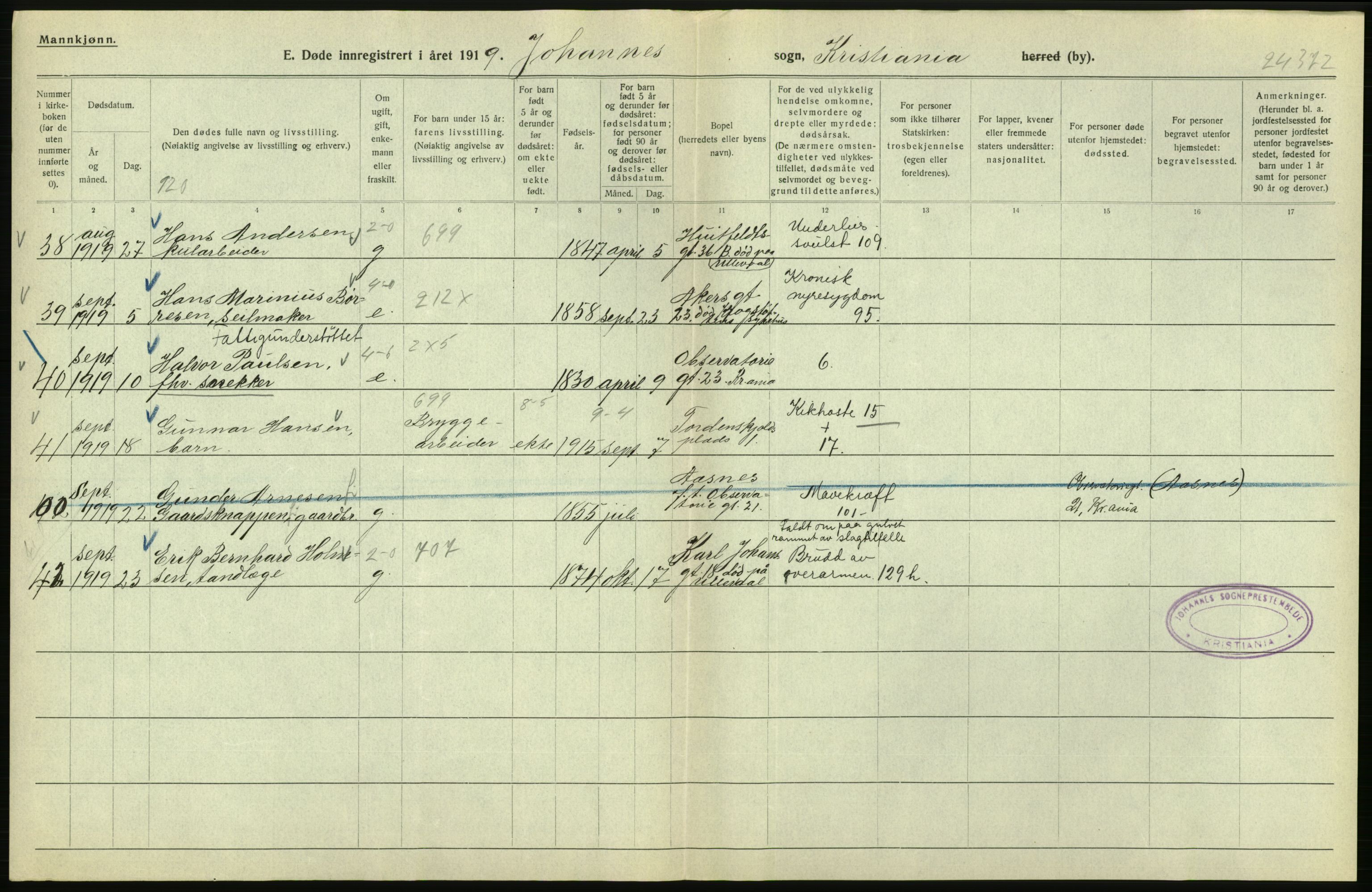 Statistisk sentralbyrå, Sosiodemografiske emner, Befolkning, AV/RA-S-2228/D/Df/Dfb/Dfbi/L0011: Kristiania: Døde, dødfødte, 1919