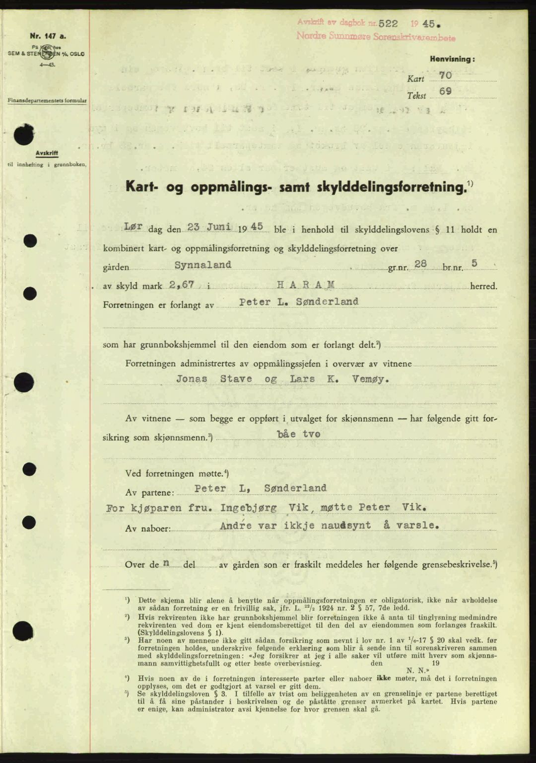 Nordre Sunnmøre sorenskriveri, SAT/A-0006/1/2/2C/2Ca: Pantebok nr. A19, 1944-1945, Dagboknr: 522/1945