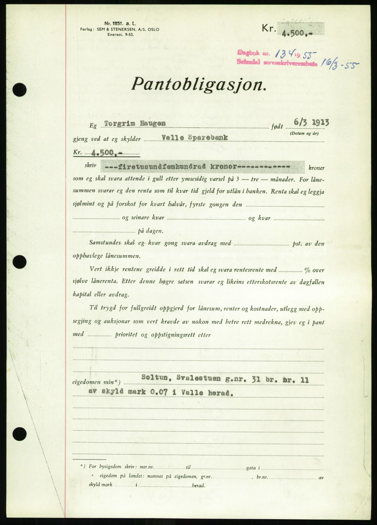 Setesdal sorenskriveri, SAK/1221-0011/G/Gb/L0052: Pantebok nr. B 40, 1954-1955, Dagboknr: 134/1955