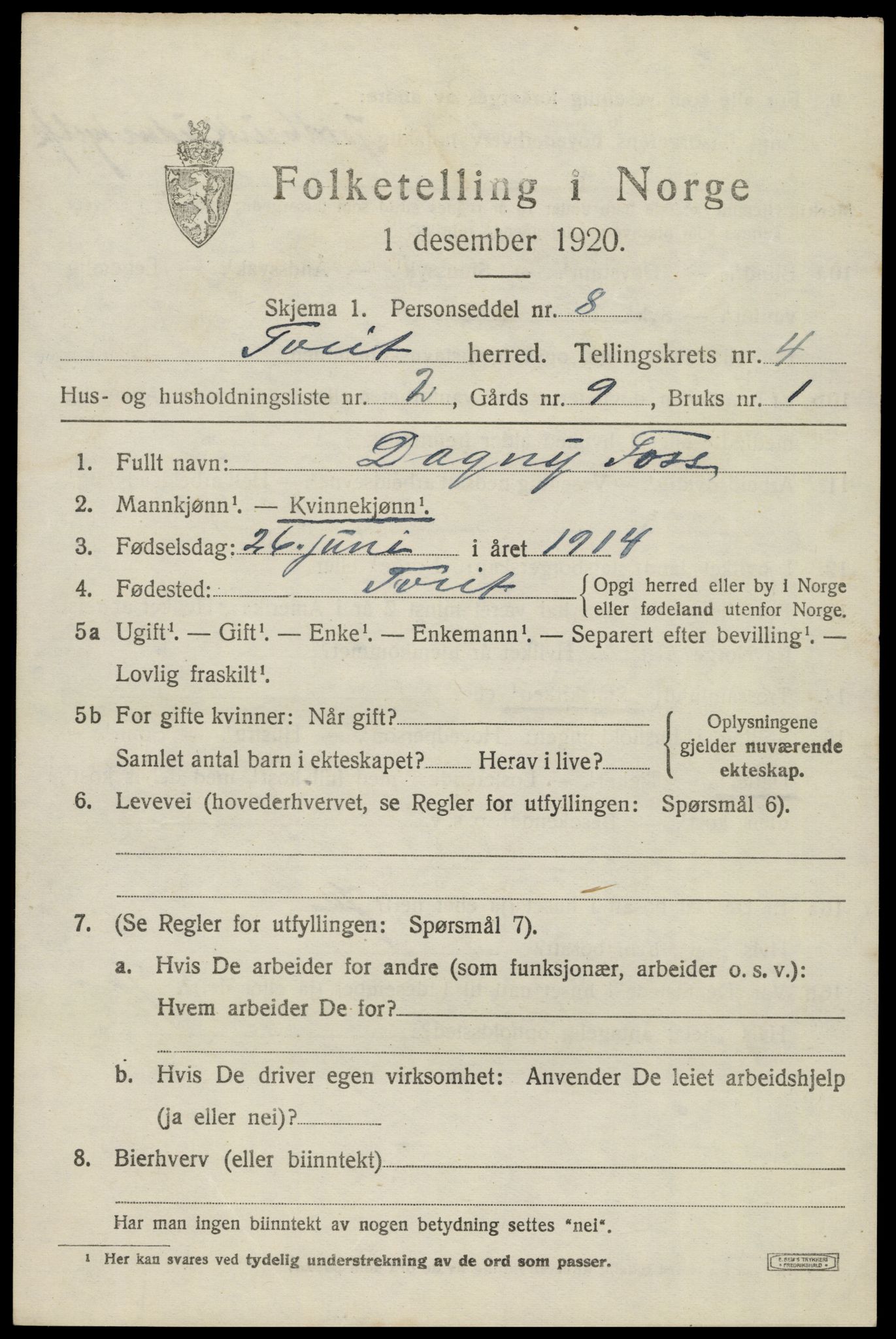 SAK, Folketelling 1920 for 1013 Tveit herred, 1920, s. 1998