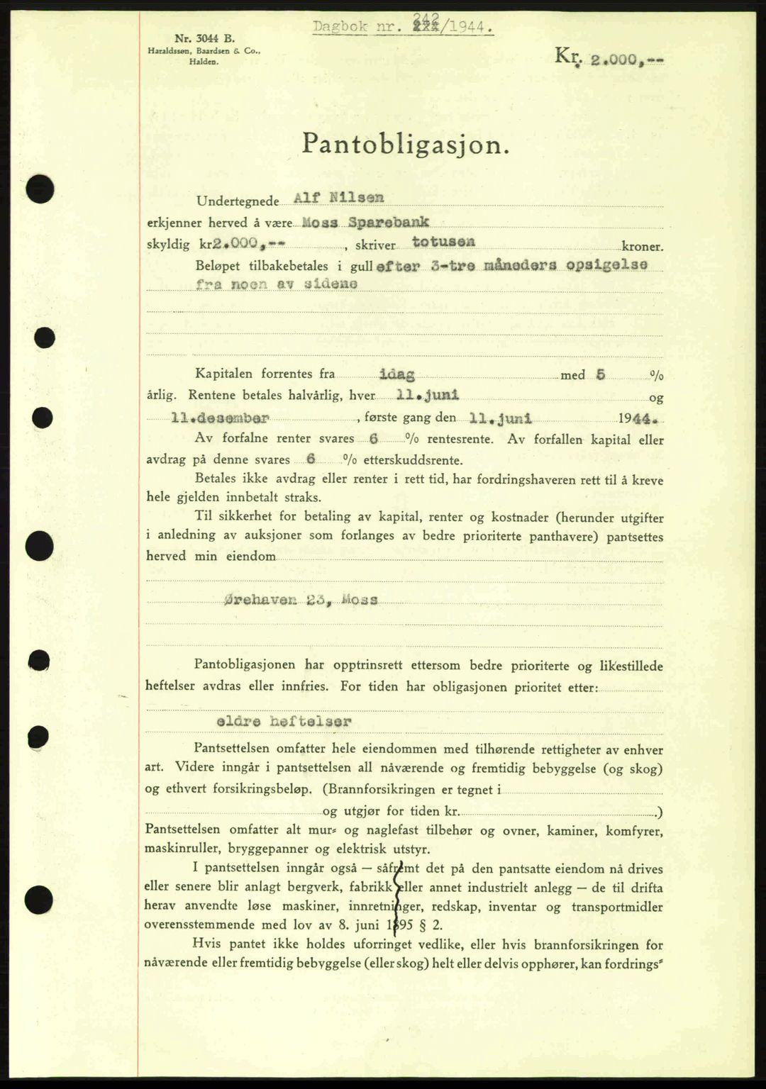 Moss sorenskriveri, SAO/A-10168: Pantebok nr. B13, 1943-1945, Dagboknr: 242/1944