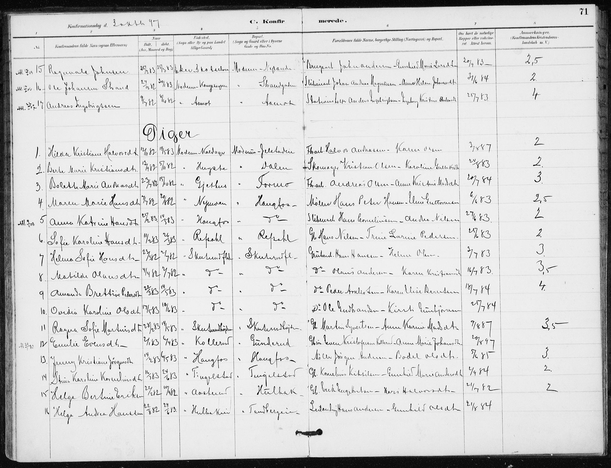 Modum kirkebøker, AV/SAKO-A-234/F/Fa/L0016: Ministerialbok nr. 16, 1890-1899, s. 71