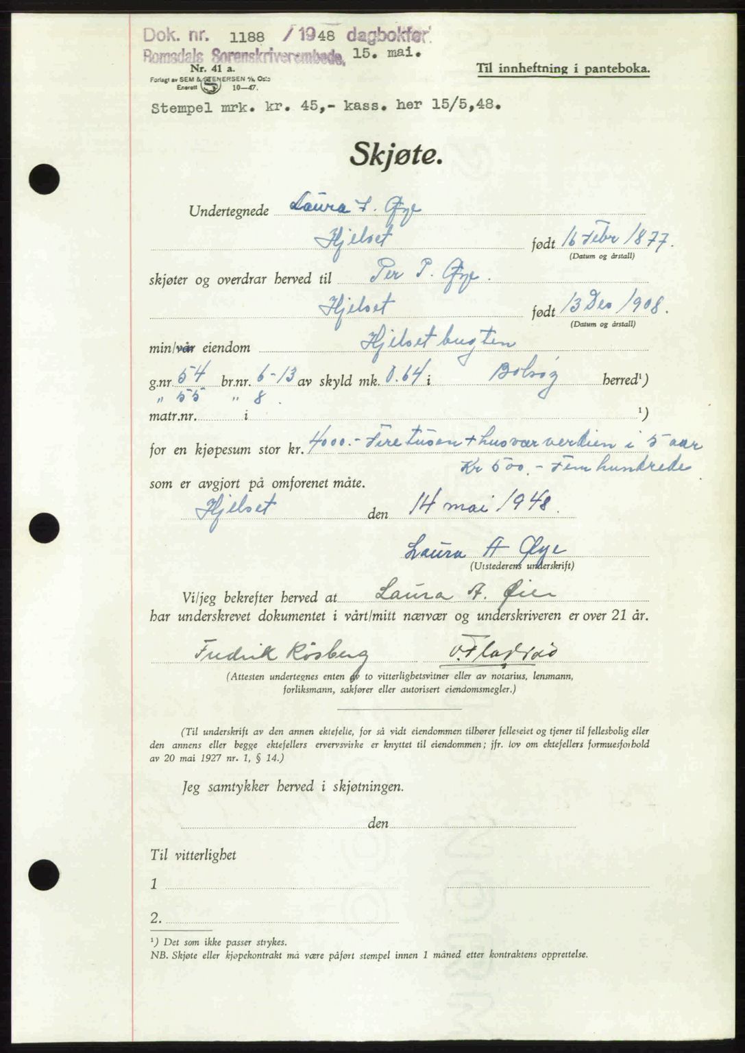 Romsdal sorenskriveri, AV/SAT-A-4149/1/2/2C: Pantebok nr. A26, 1948-1948, Dagboknr: 1188/1948