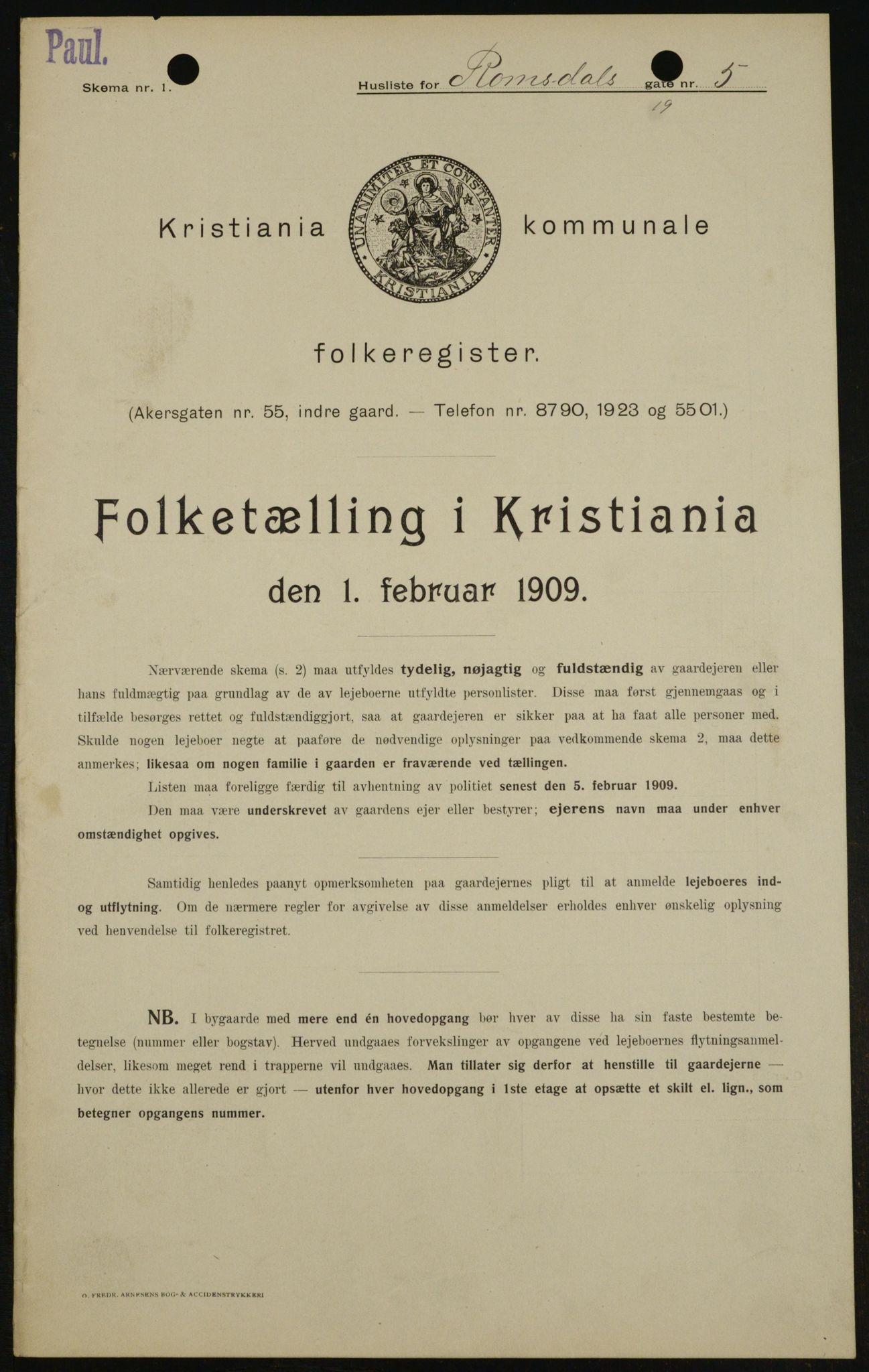 OBA, Kommunal folketelling 1.2.1909 for Kristiania kjøpstad, 1909, s. 75439