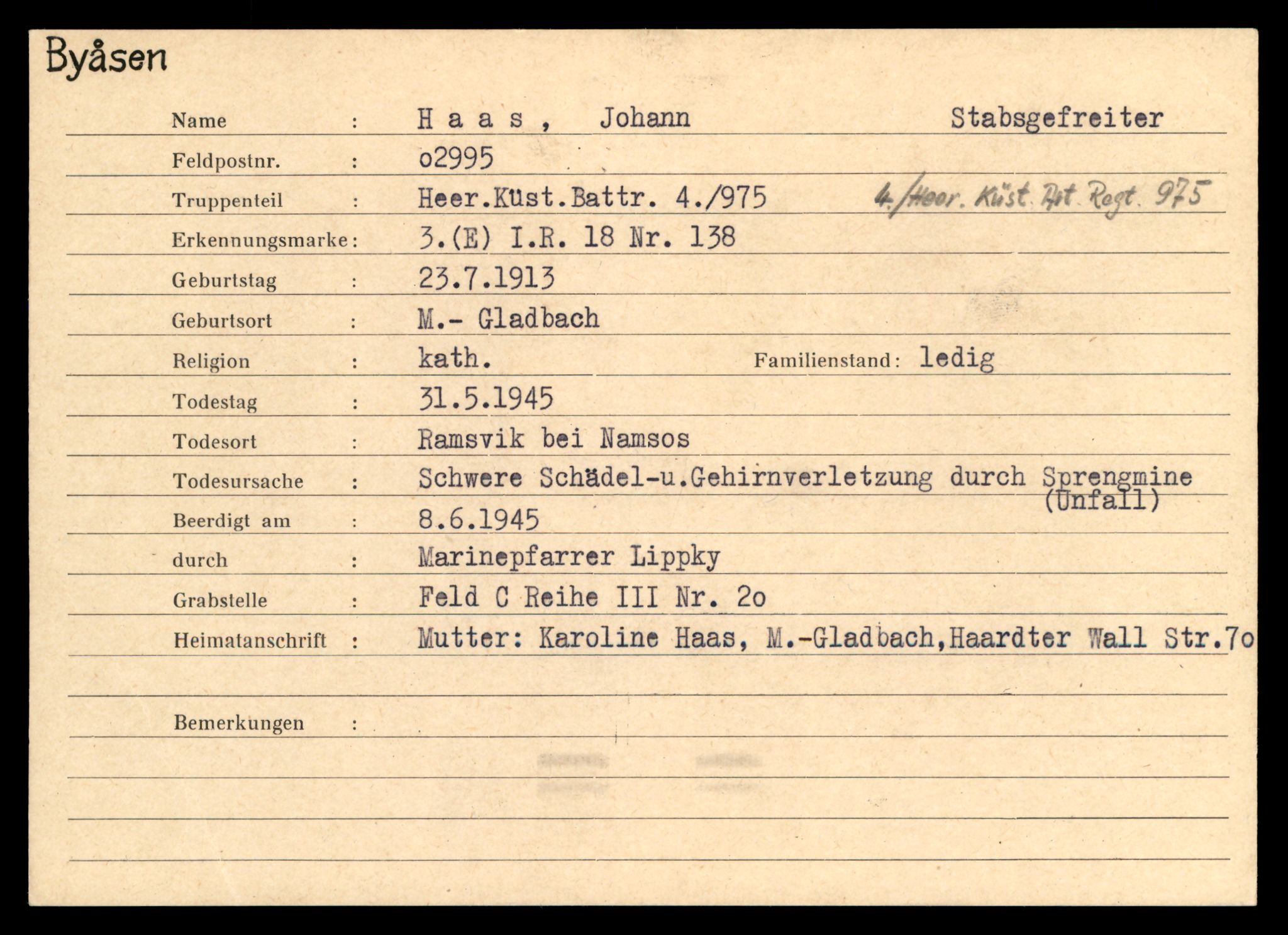 Distriktskontoret for krigsgraver, SAT/A-5030/E/L0004: Kasett/kartotek over tysk Krigskirkegård på Byåsen, 1945, s. 573