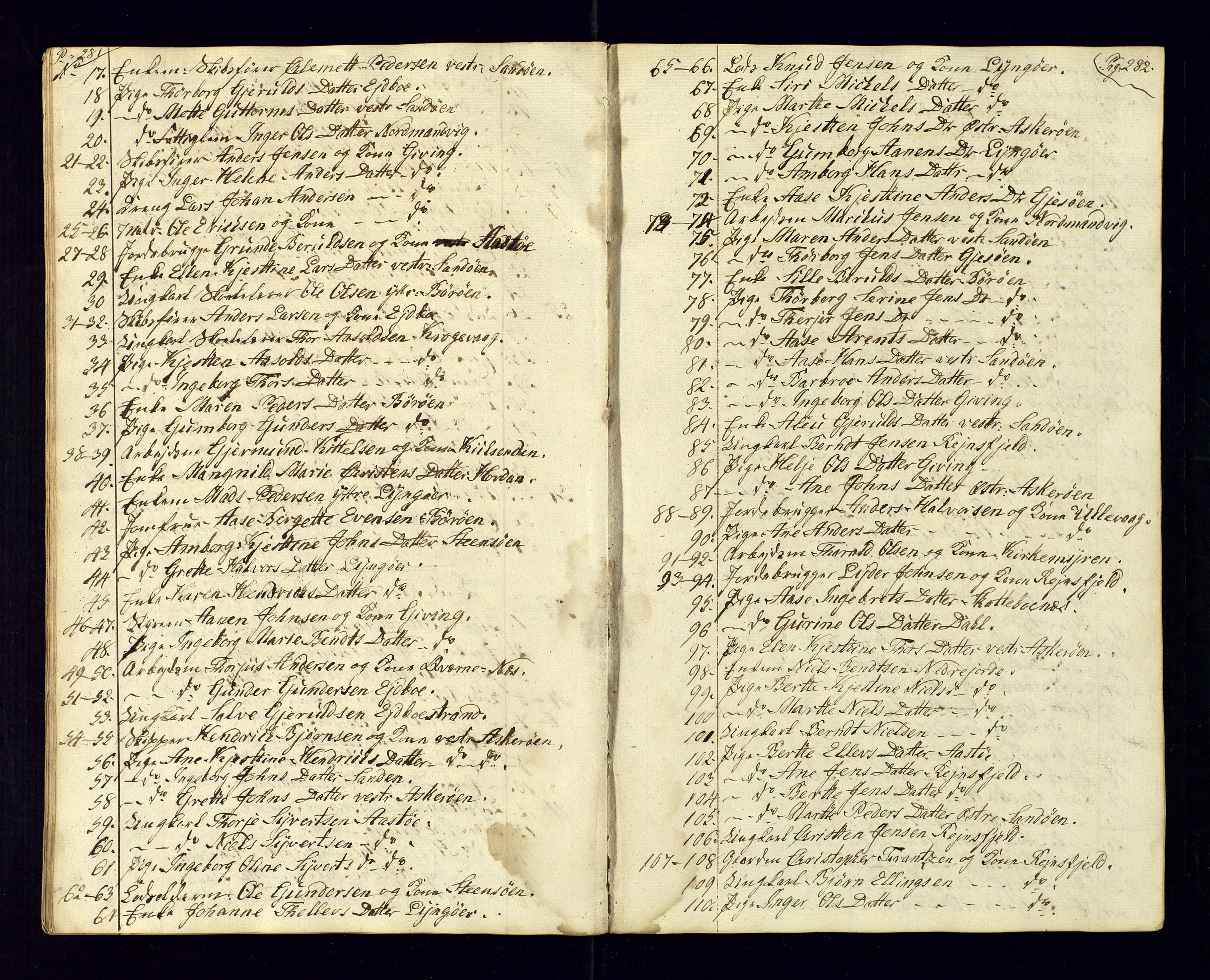 Dypvåg sokneprestkontor, AV/SAK-1111-0007/F/Fc/Fca/L0001: Kommunikantprotokoll nr. C-1, 1813-1830, s. 281-282