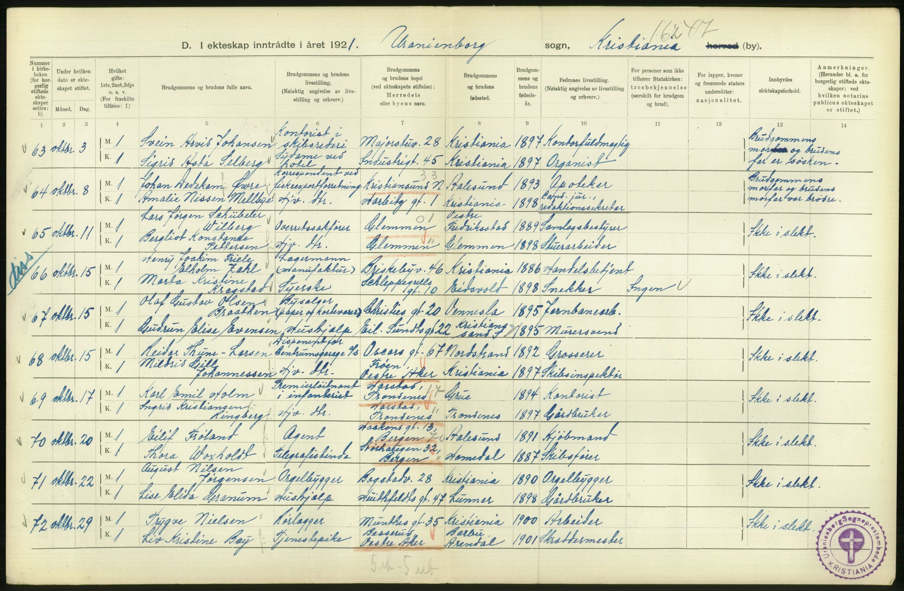 Statistisk sentralbyrå, Sosiodemografiske emner, Befolkning, AV/RA-S-2228/D/Df/Dfc/Dfca/L0011: Kristiania: Gifte, 1921, s. 242