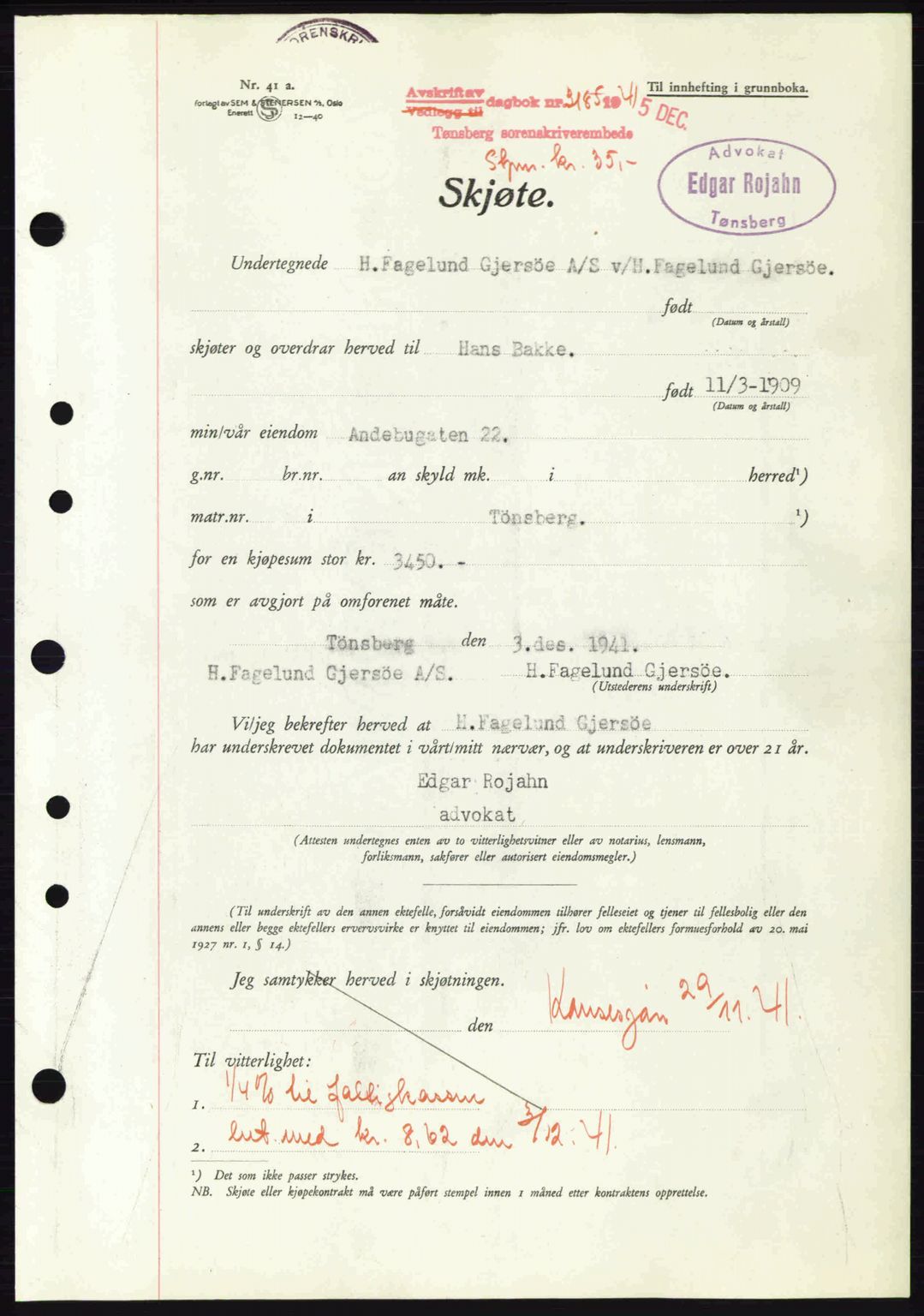 Tønsberg sorenskriveri, AV/SAKO-A-130/G/Ga/Gaa/L0010: Pantebok nr. A10, 1941-1941, Dagboknr: 3185/1941