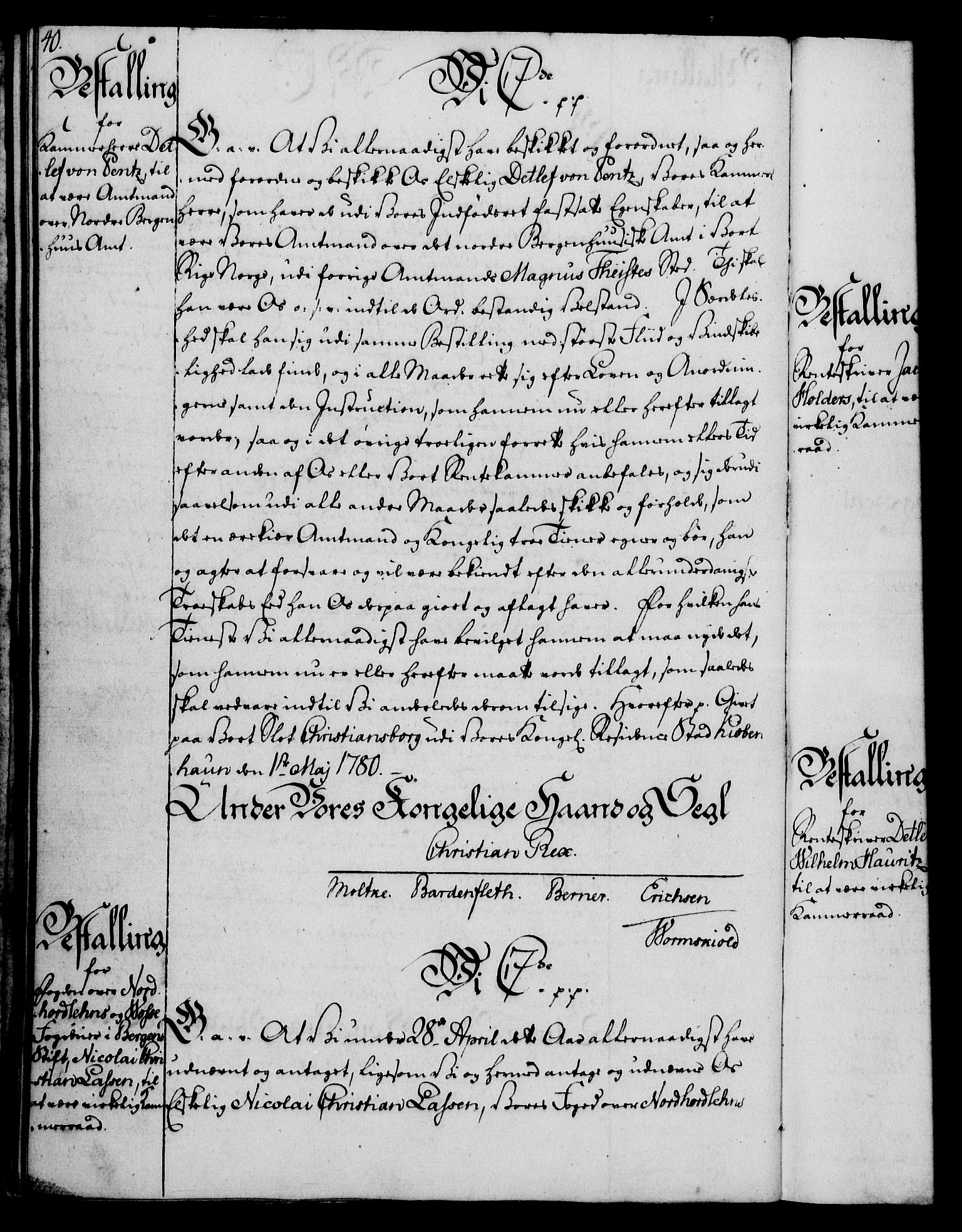 Rentekammeret, Kammerkanselliet, AV/RA-EA-3111/G/Gg/Gge/L0006: Norsk bestallingsprotokoll med register (merket RK 53.30), 1773-1814, s. 40