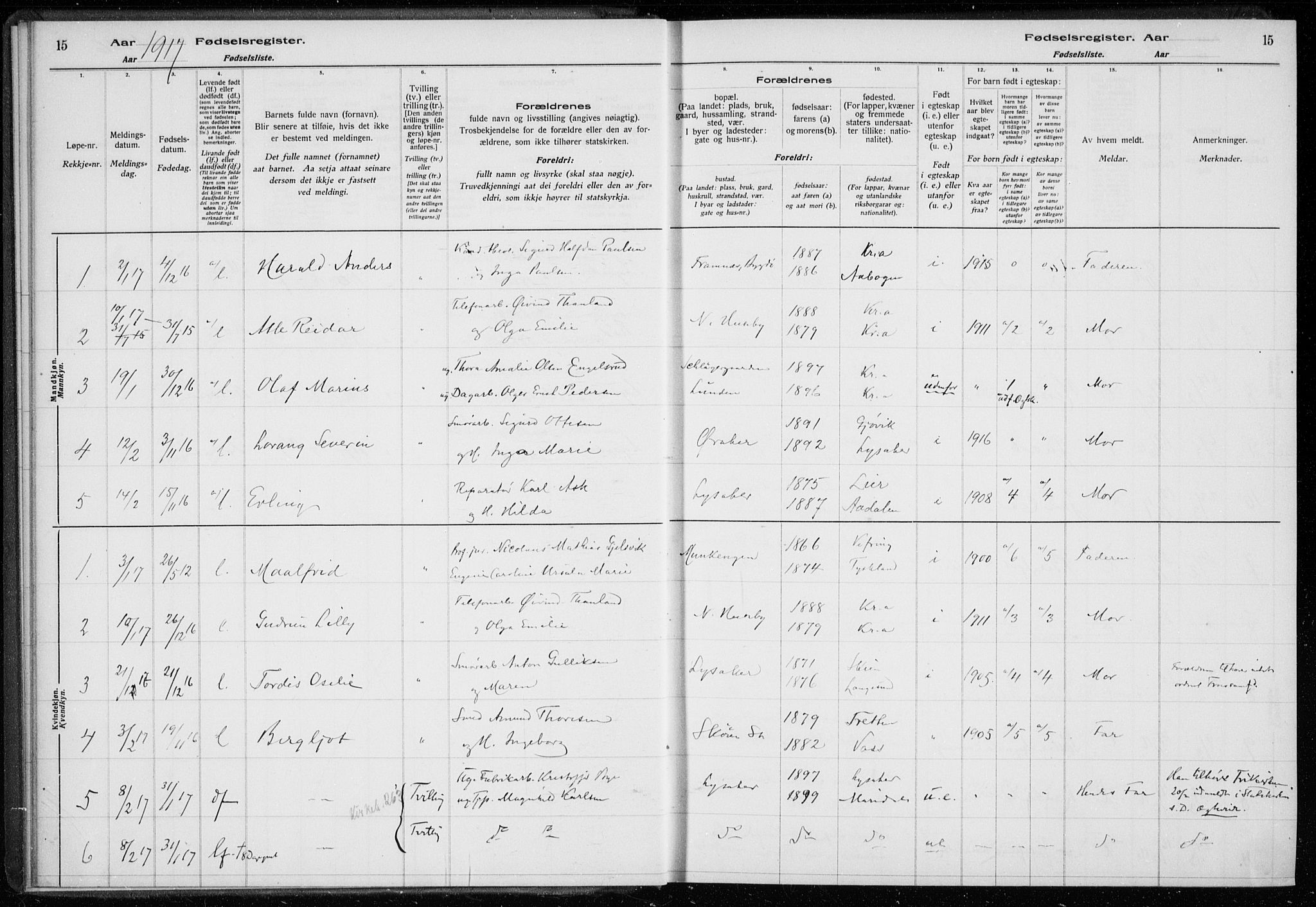 Ullern prestekontor Kirkebøker, AV/SAO-A-10740/J/L0001: Fødselsregister nr. 1, 1916-1928, s. 15