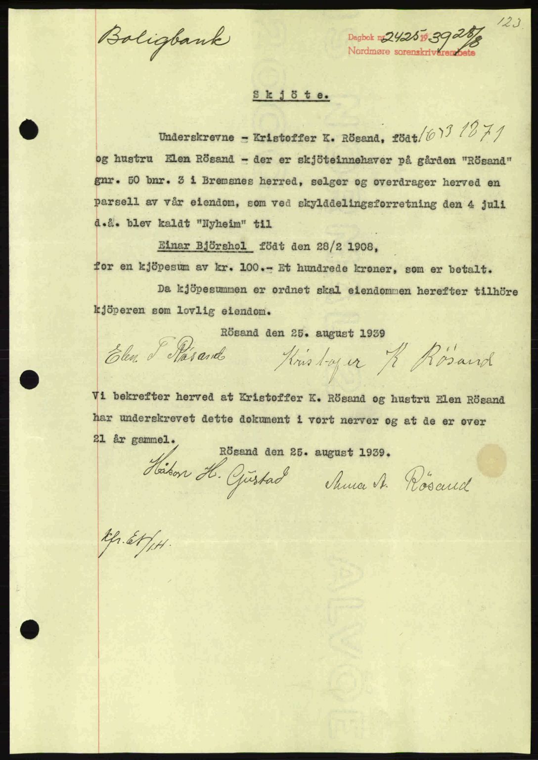 Nordmøre sorenskriveri, SAT/A-4132/1/2/2Ca: Pantebok nr. A87, 1939-1940, Dagboknr: 2425/1939