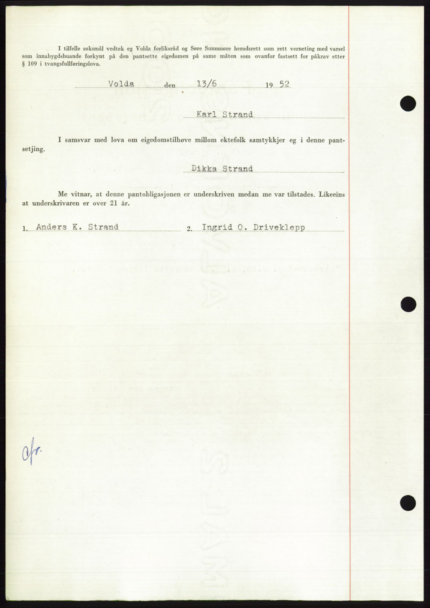 Søre Sunnmøre sorenskriveri, AV/SAT-A-4122/1/2/2C/L0121: Pantebok nr. 9B, 1951-1952, Dagboknr: 1130/1952