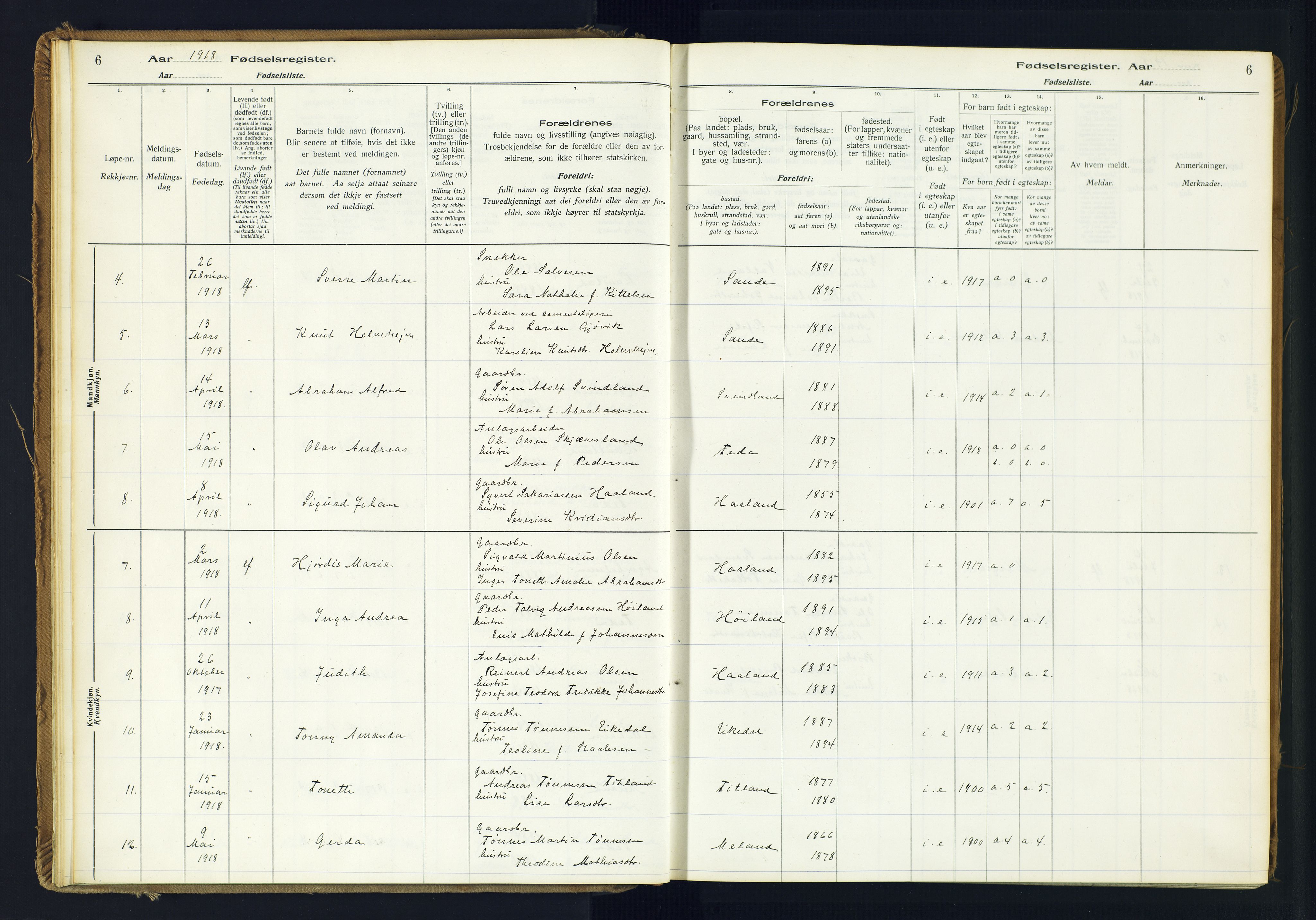 Kvinesdal sokneprestkontor, SAK/1111-0026/J/Ja/L0005: Fødselsregister nr. 5, 1916-1982, s. 6