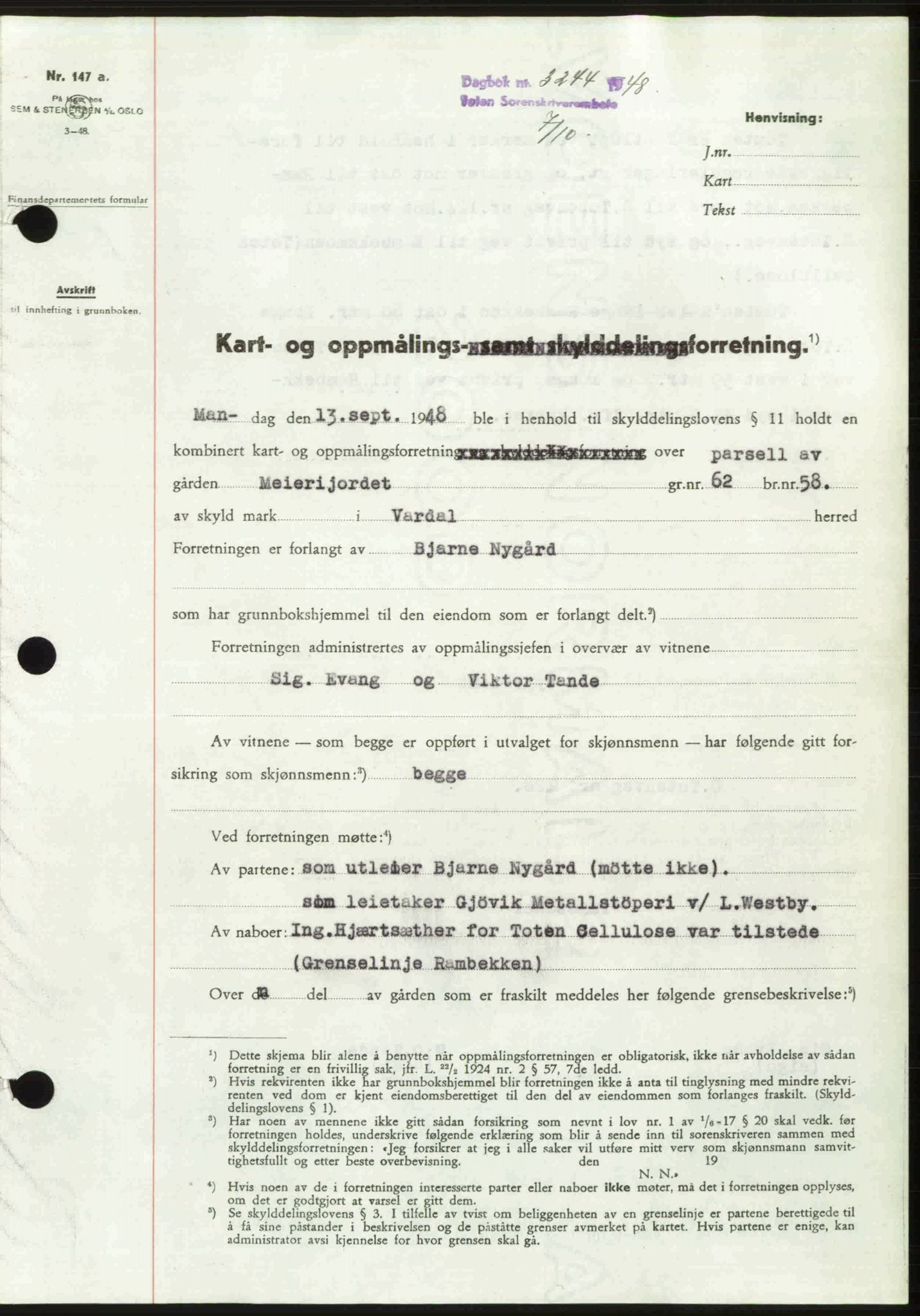 Toten tingrett, SAH/TING-006/H/Hb/Hbc/L0020: Pantebok nr. Hbc-20, 1948-1948, Dagboknr: 3244/1948