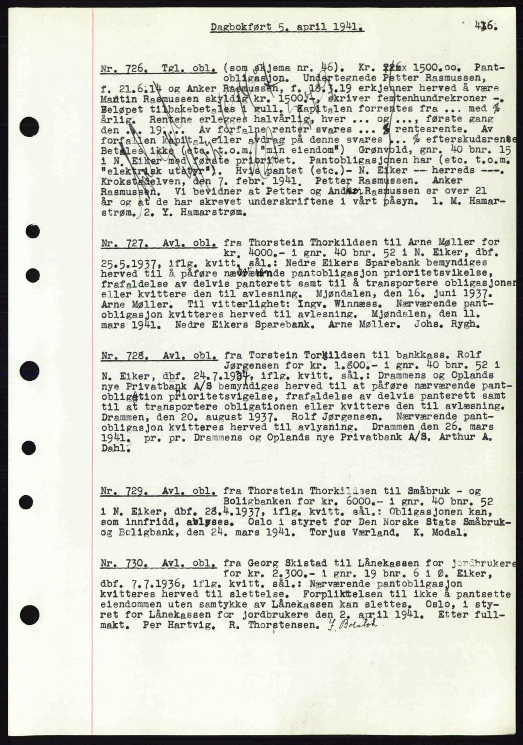 Eiker, Modum og Sigdal sorenskriveri, SAKO/A-123/G/Ga/Gab/L0043: Pantebok nr. A13, 1940-1941, Dagboknr: 726/1941