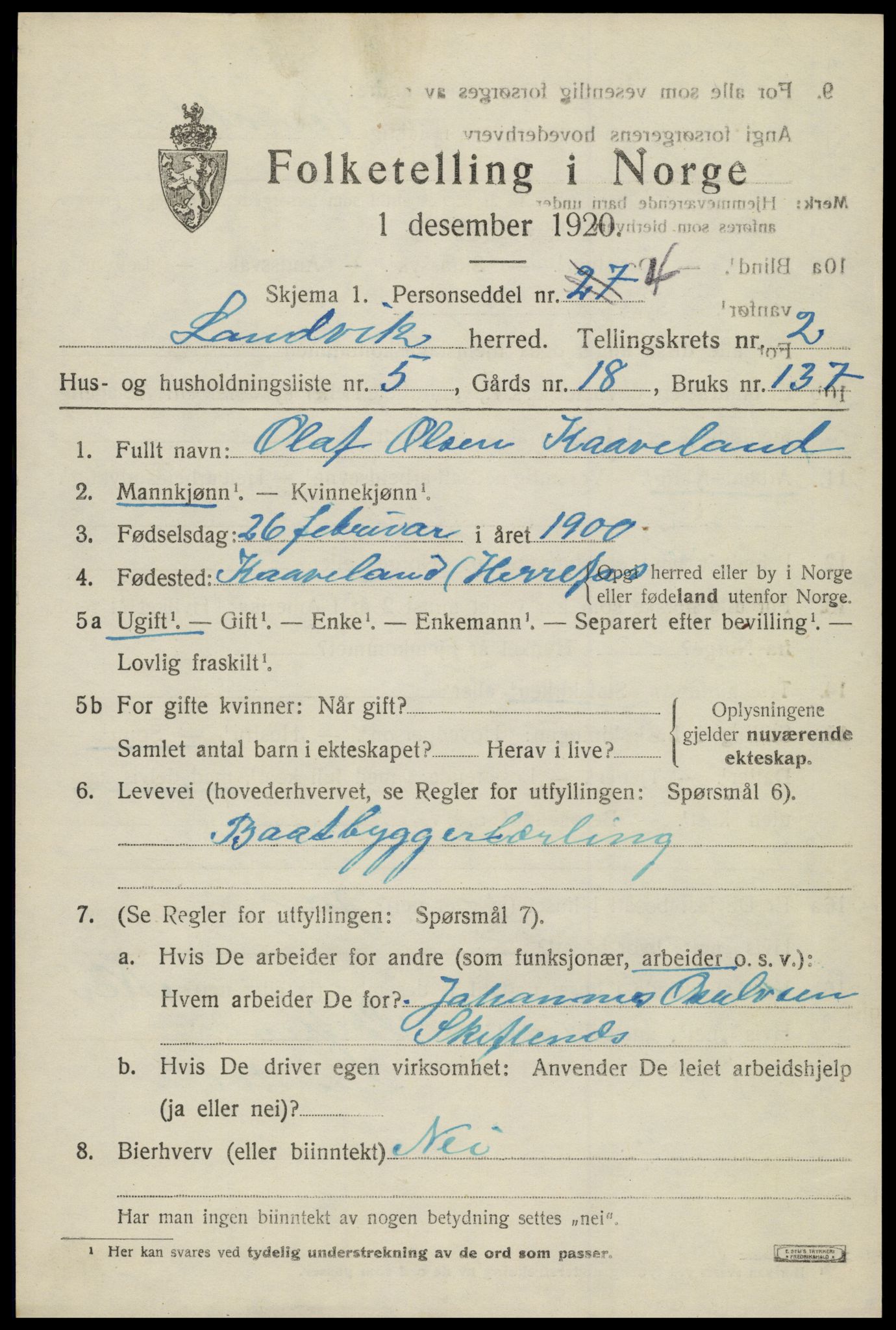 SAK, Folketelling 1920 for 0924 Landvik herred, 1920, s. 1824