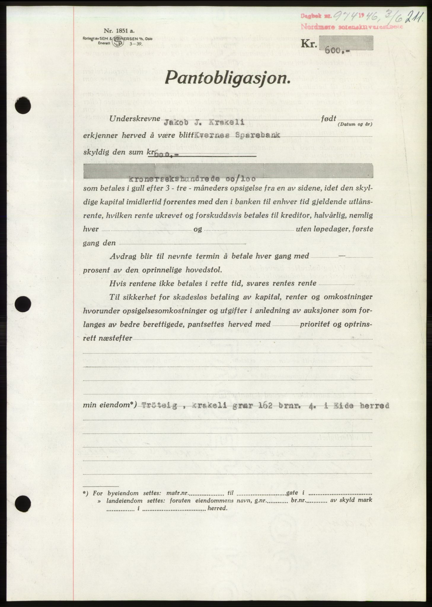 Nordmøre sorenskriveri, AV/SAT-A-4132/1/2/2Ca: Pantebok nr. B94, 1946-1946, Dagboknr: 974/1946