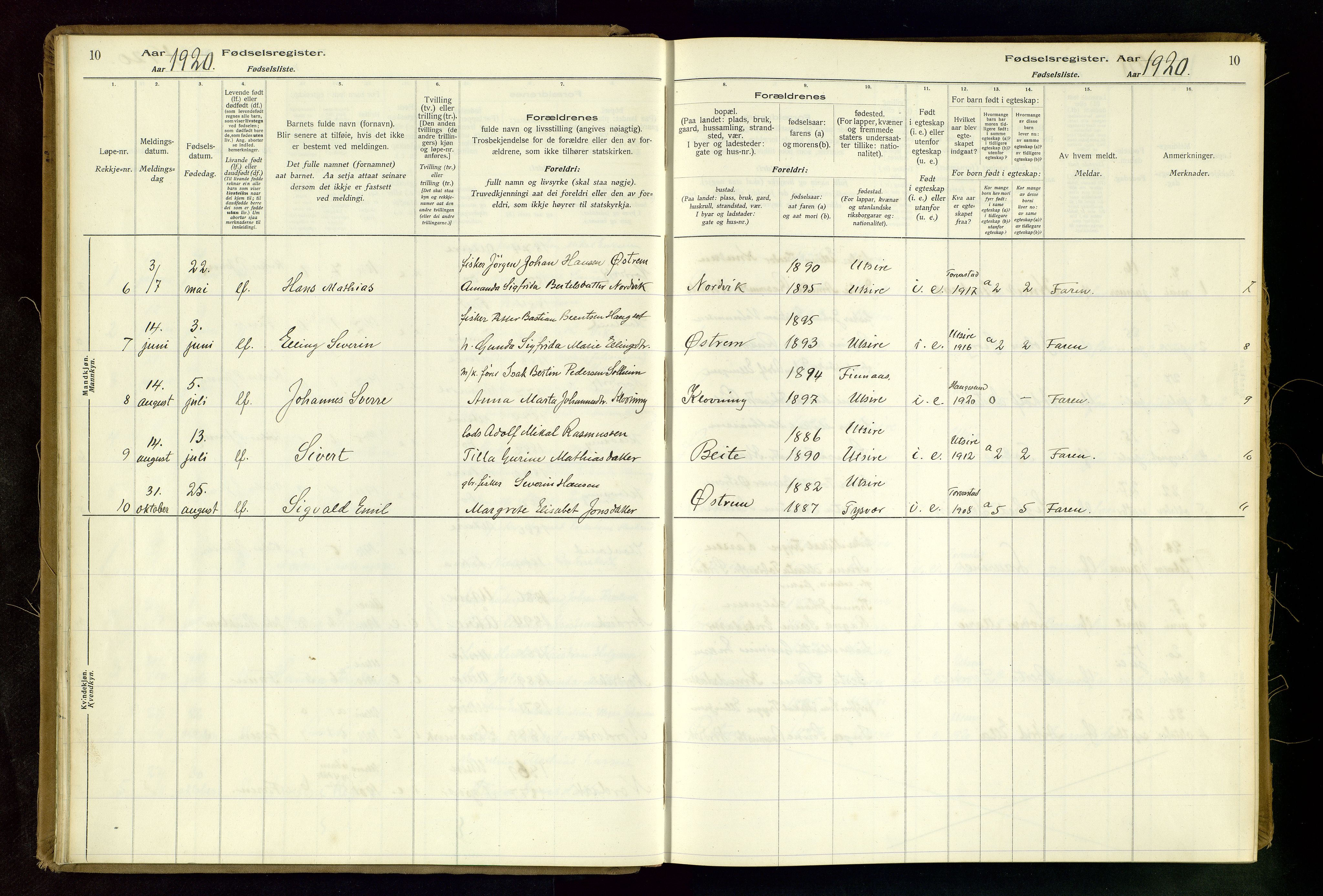 Torvastad sokneprestkontor, AV/SAST-A -101857/I/Id/L0001: Fødselsregister nr. 1, 1916-1982, s. 10