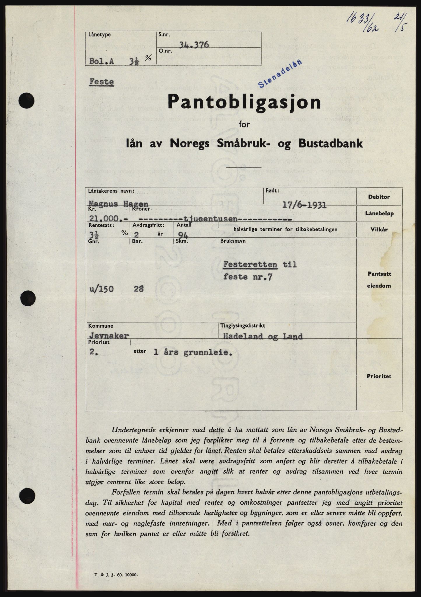 Hadeland og Land tingrett, SAH/TING-010/H/Hb/Hbc/L0048: Pantebok nr. B48, 1962-1962, Dagboknr: 1633/1962