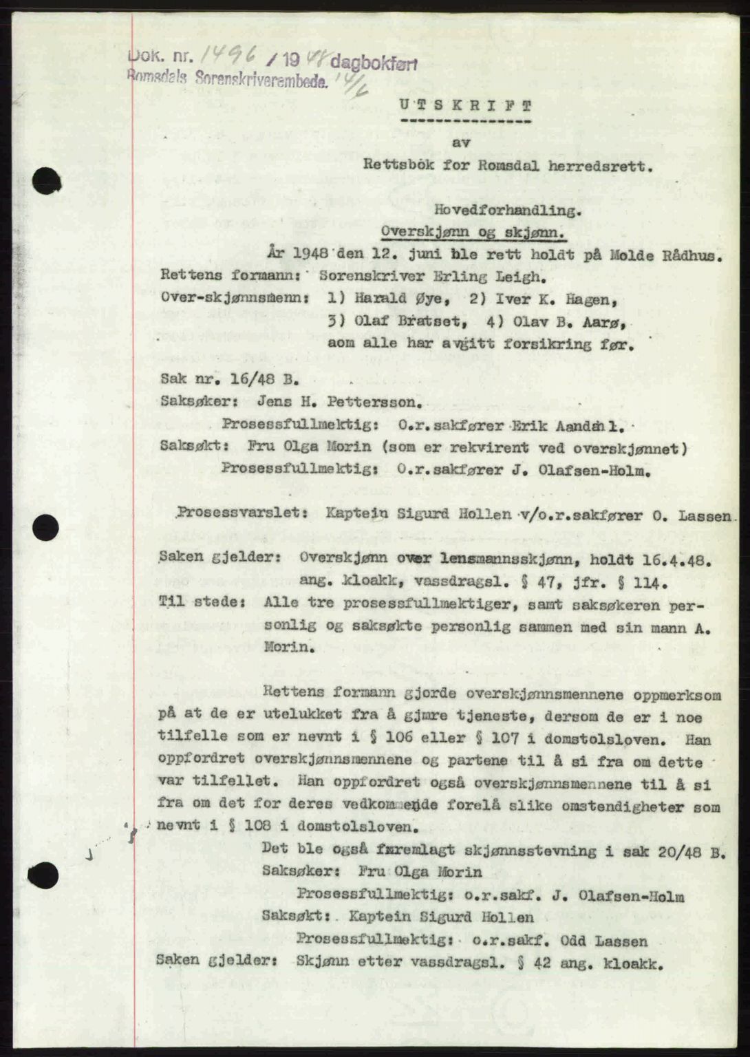 Romsdal sorenskriveri, SAT/A-4149/1/2/2C: Pantebok nr. A26, 1948-1948, Dagboknr: 1496/1948