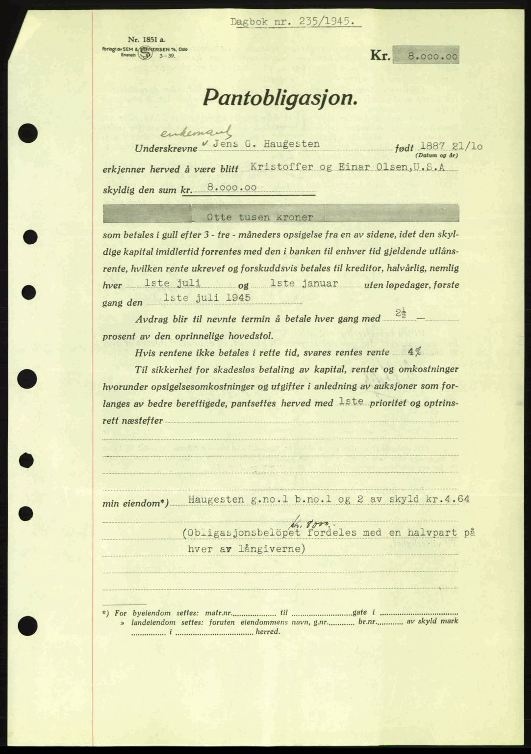 Moss sorenskriveri, SAO/A-10168: Pantebok nr. B13, 1943-1945, Dagboknr: 235/1945